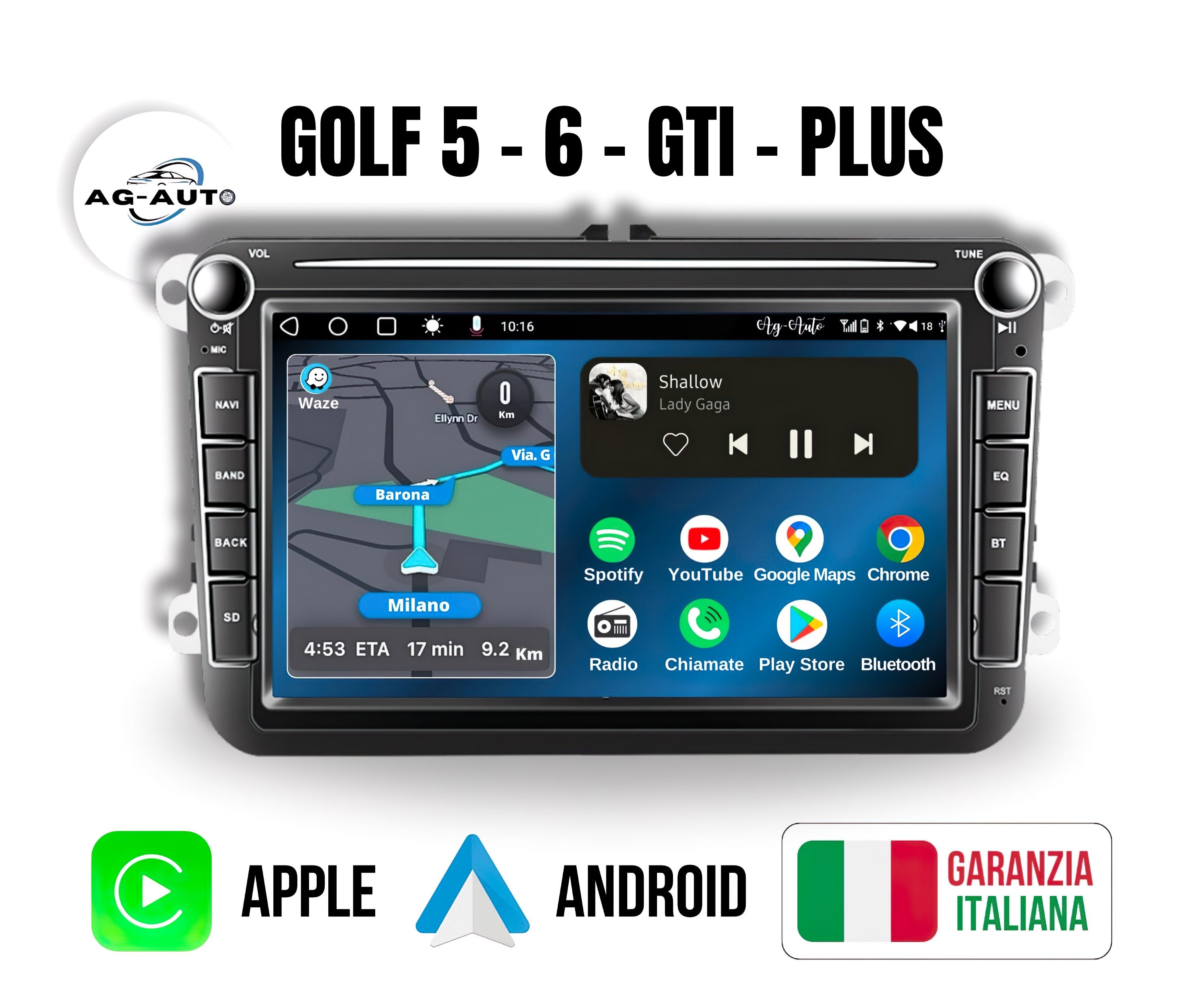 Volkswagen golf 5 & 6 - Gti - Plus - 8" pollici Autoradio 2 Din Android auto + Carplay / vw Stereo Touch | Navigatore GPS + Bluetooth + Wifi