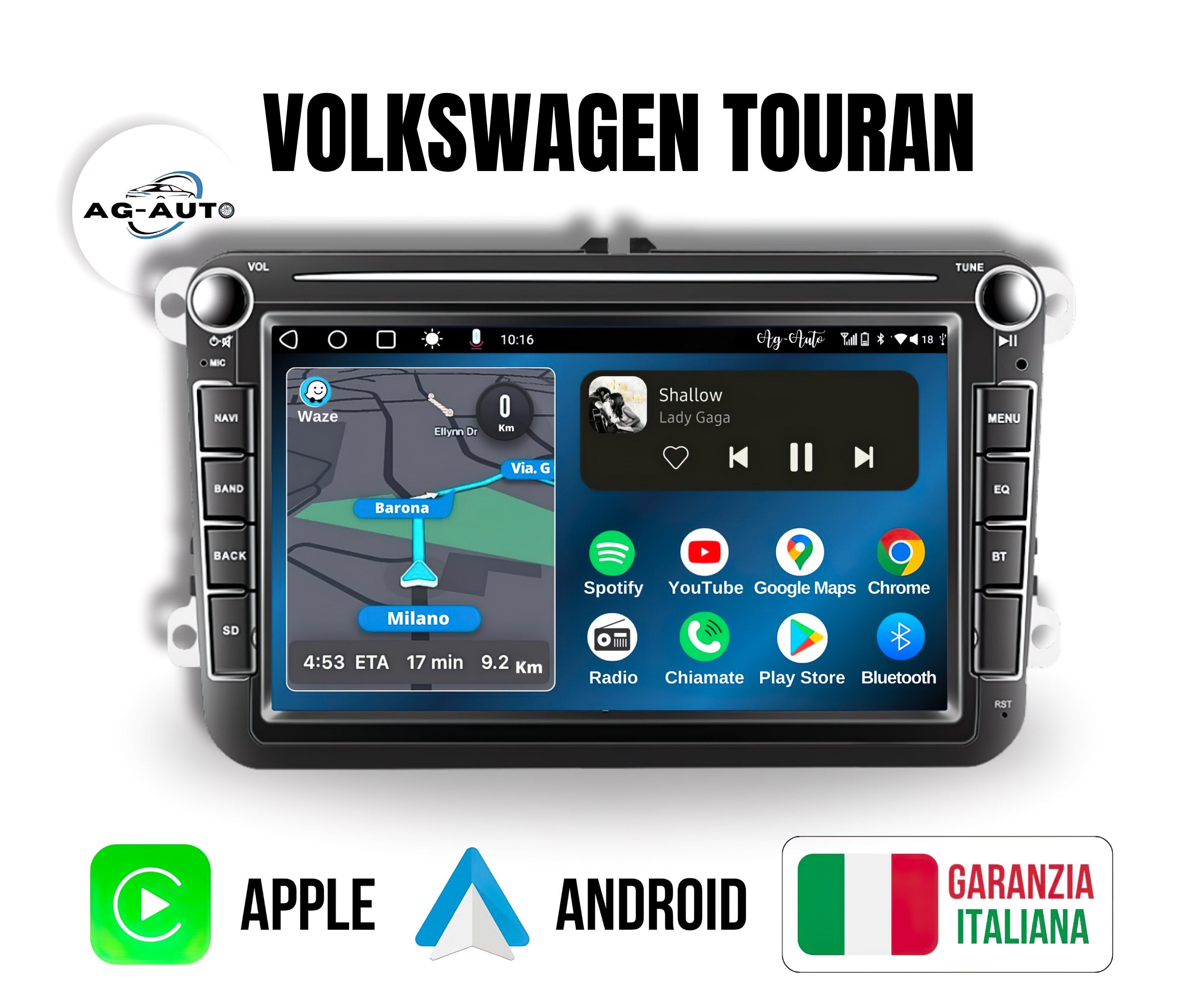 Volkswagen Touran - 8" pollici Autoradio 2 Din Android auto + Carplay / vw Stereo Touch | Navigatore GPS + Bluetooth + Wifi