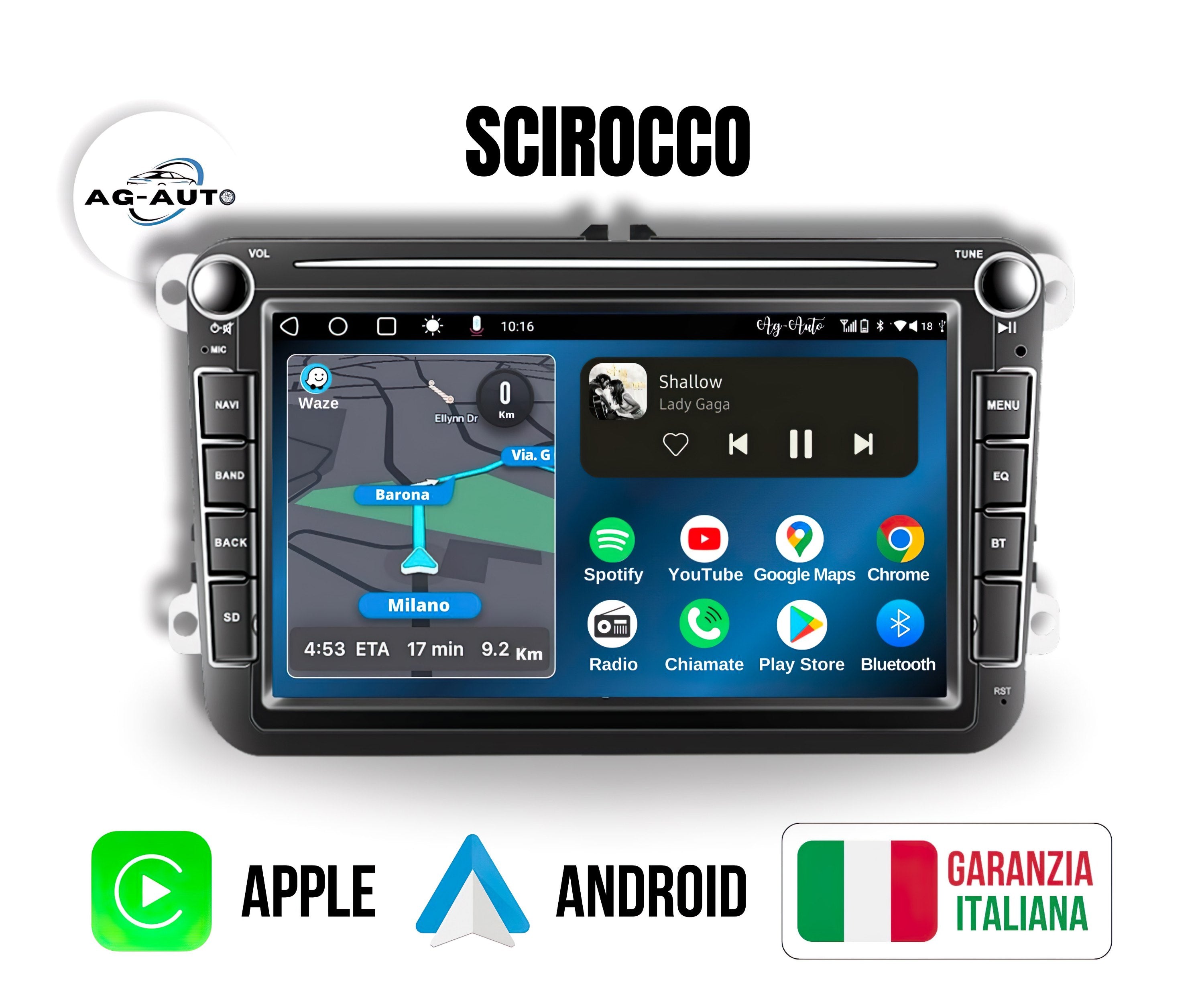 Volkswagen Scirocco - 8" pollici Autoradio 2 Din Android auto + Carplay / vw Stereo Touch | Navigatore GPS + Bluetooth + Wifi