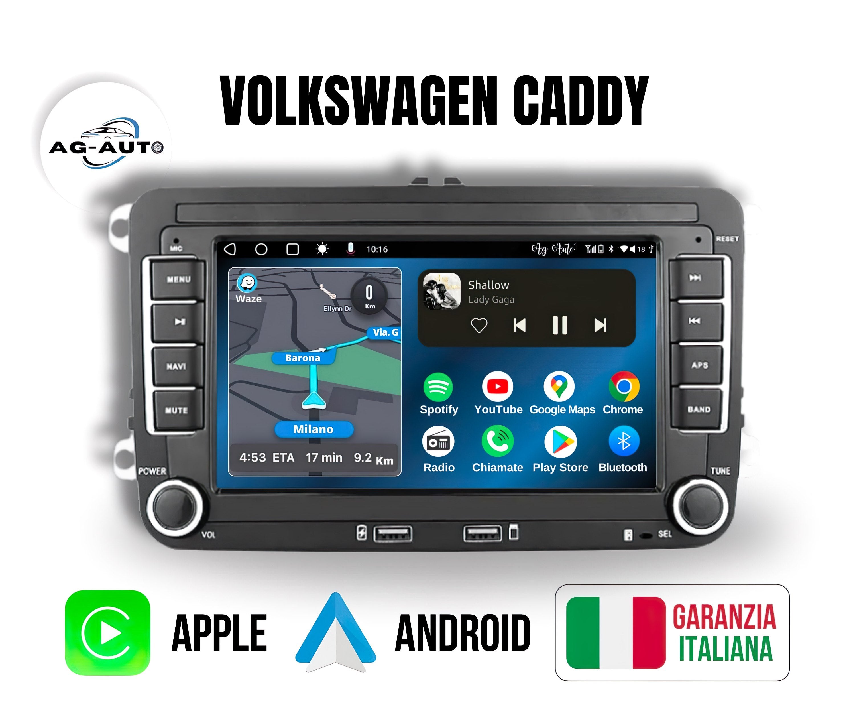 Volkswagen Caddy | usb Autoradio 2 Din Android auto + Carplay / vw Stereo Touch | Navigatore GPS + Bluetooth + Wifi