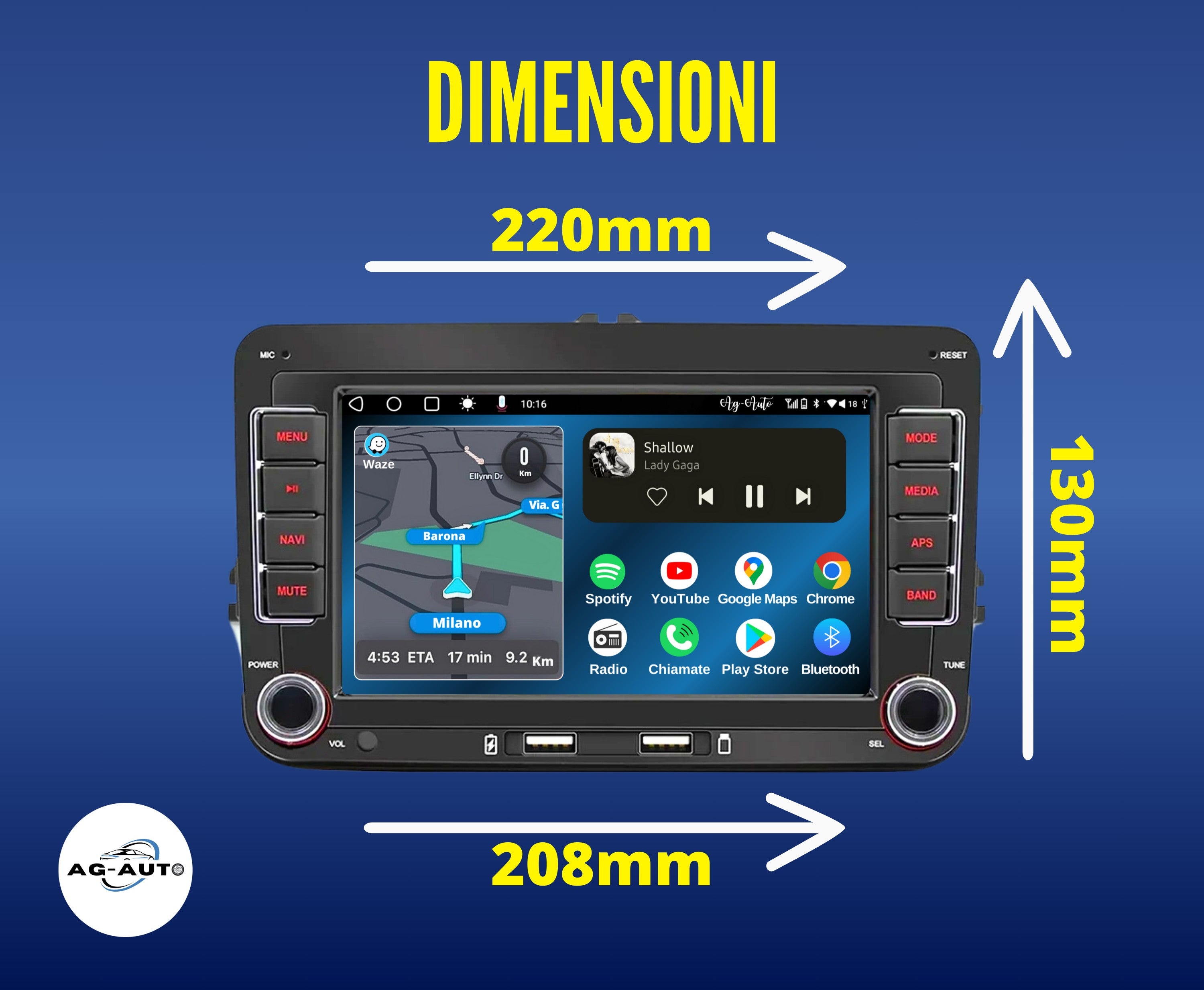 Volkswagen Sharan | usb Autoradio 2 Din Android auto + Carplay / vw Stereo Touch | Navigatore GPS + Bluetooth + Wifi