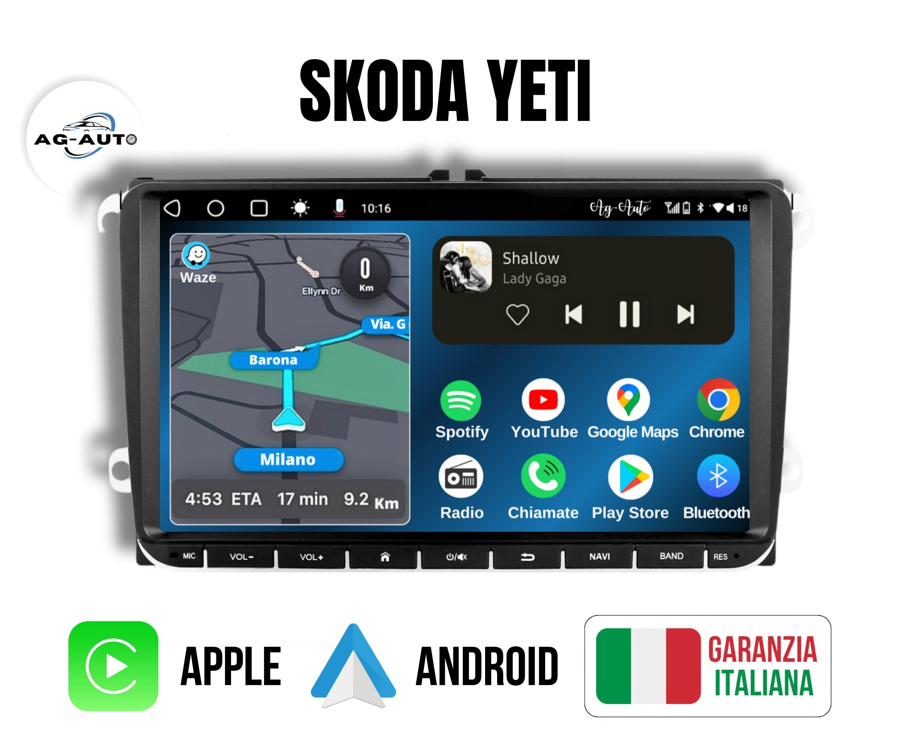 Skoda Yeti 7/8/9 Pollici - Autoradio 2 Din Android auto + Carplay - 2/32gb | Stereo Touch | Navigatore GPS + Bluetooth + Wifi