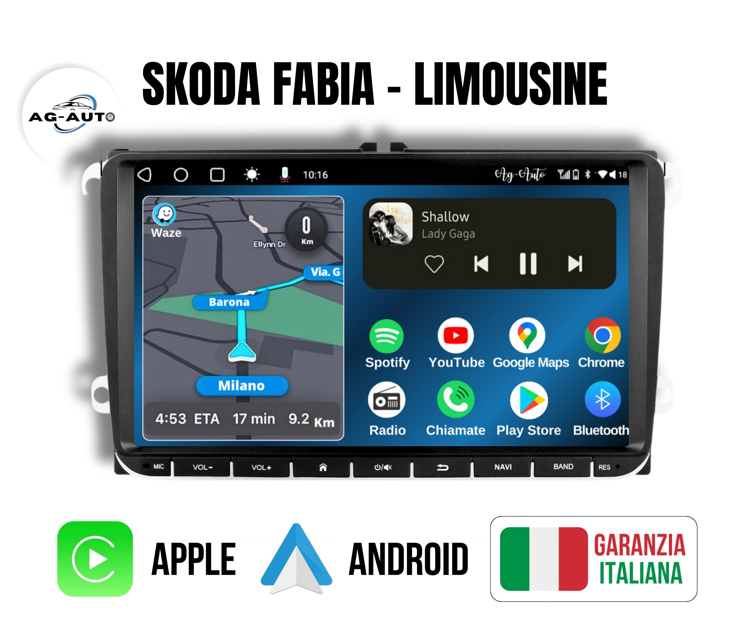 Skoda Fabia - Limousine 7/8/9 Pollici - Autoradio 2 Din Android auto + Carplay / 2/32gb | Stereo Touch | Navigatore GPS + Bluetooth + Wifi