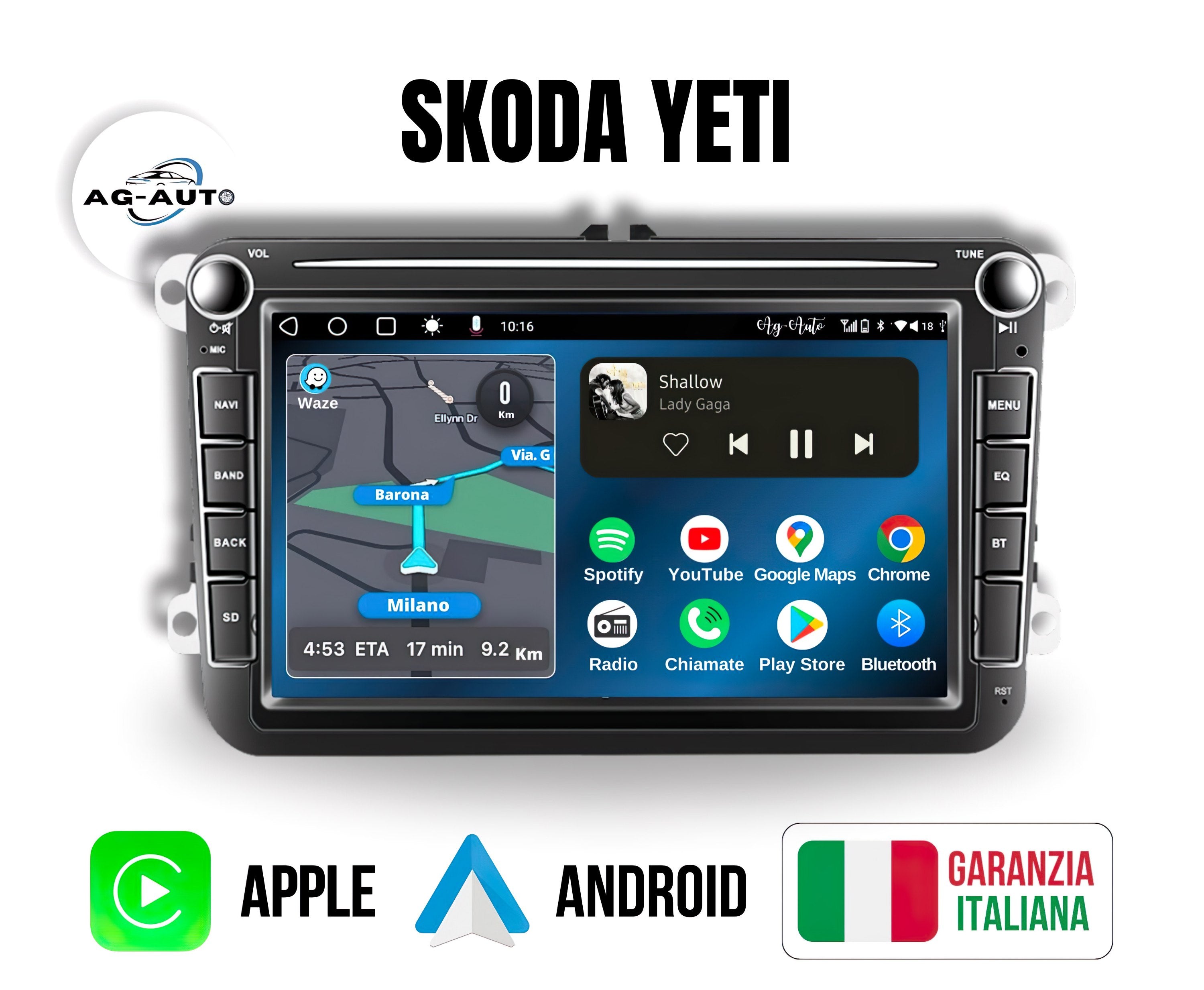 Skoda Yeti 7/8/9 Pollici - Autoradio 2 Din Android auto + Carplay - 2/32gb | Stereo Touch | Navigatore GPS + Bluetooth + Wifi