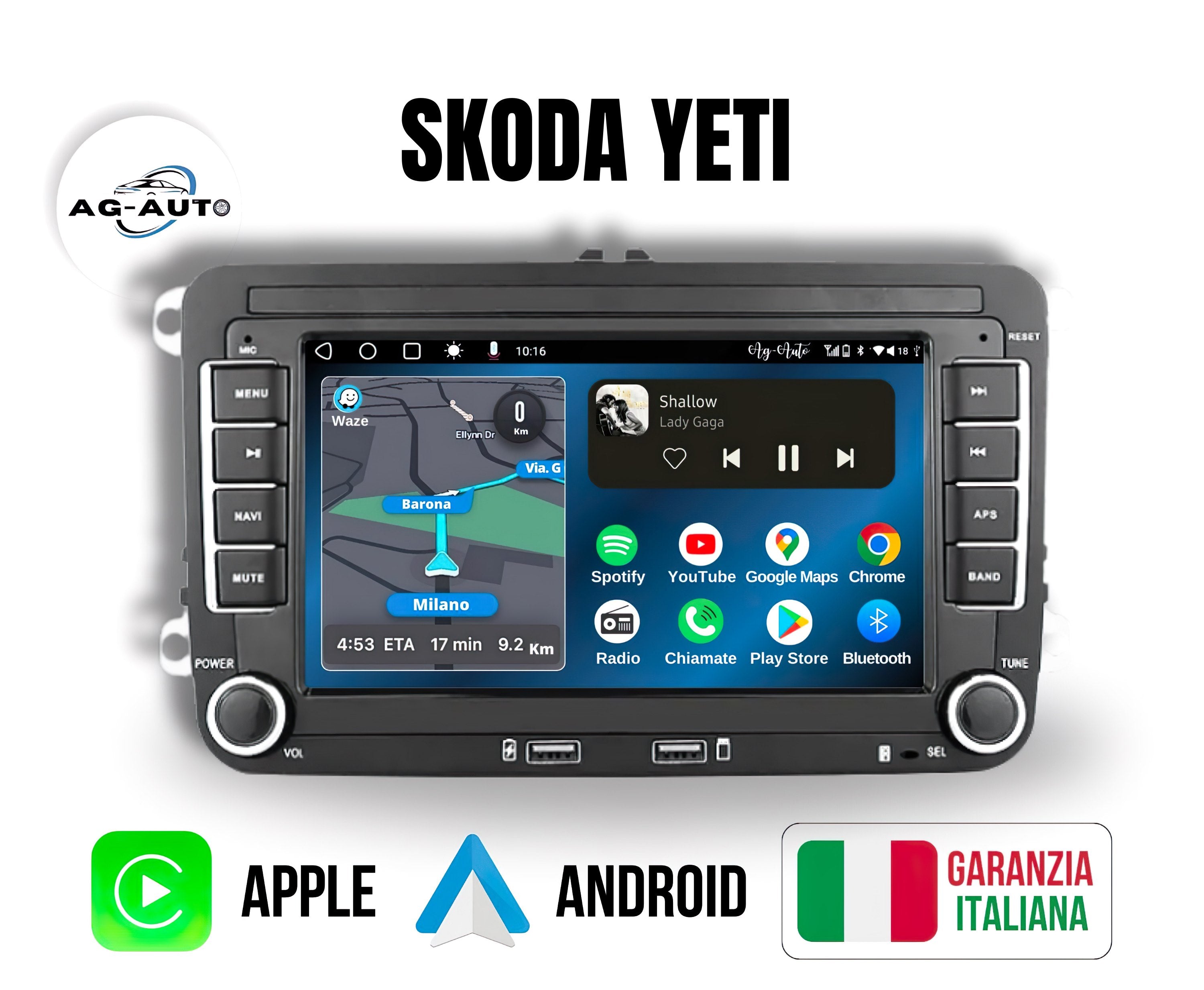 Skoda Yeti 7/8/9 Pollici - Autoradio 2 Din Android auto + Carplay - 2/32gb | Stereo Touch | Navigatore GPS + Bluetooth + Wifi