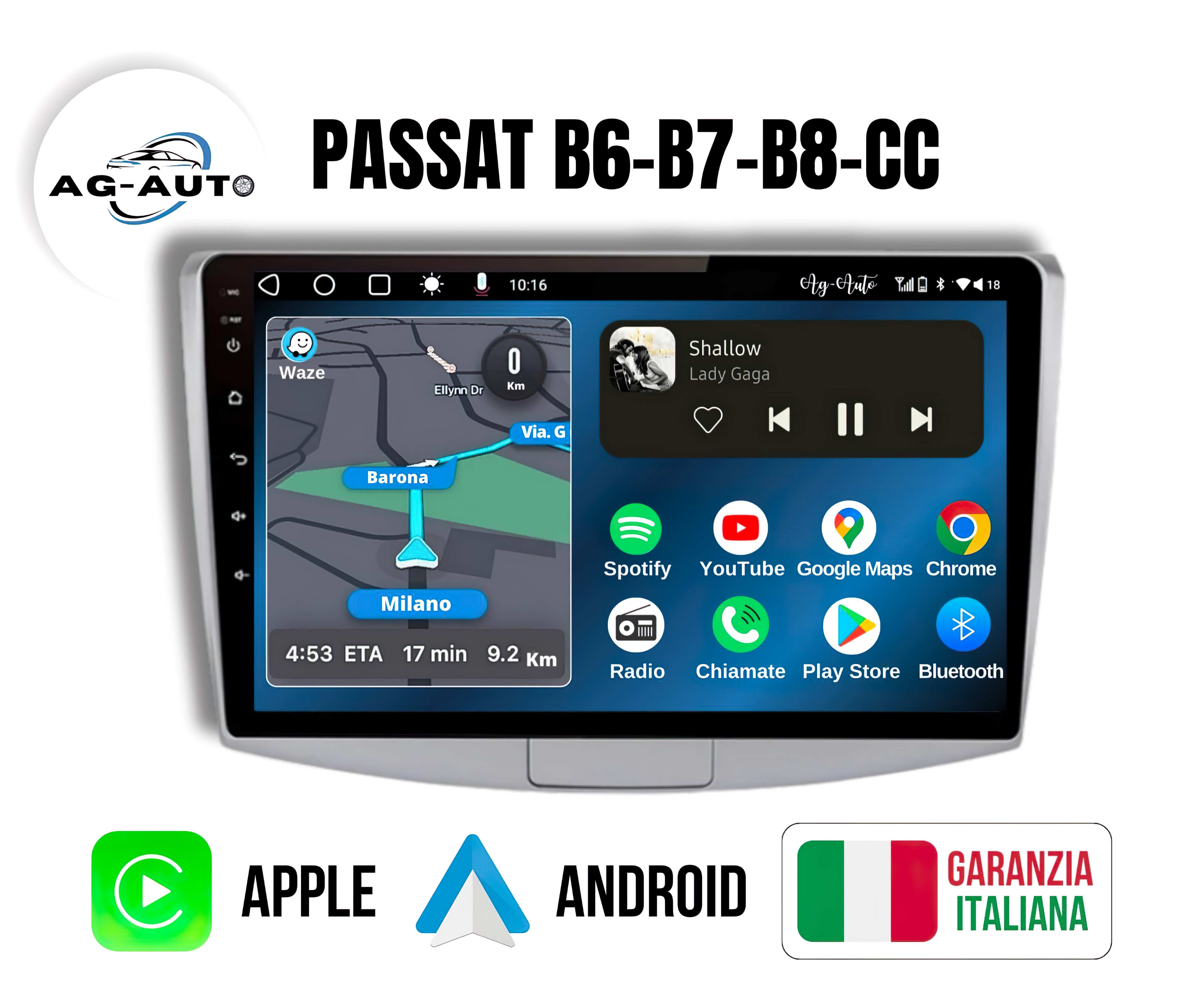 Volkswagen Passat | 9 Pollici - Mascherina Inclusa Autoradio 2 Din Android auto + Carplay / vw B6 B7 B8 CC Stereo Touch 2/64gb | Navigatore GPS + Bluetooth + Wifi