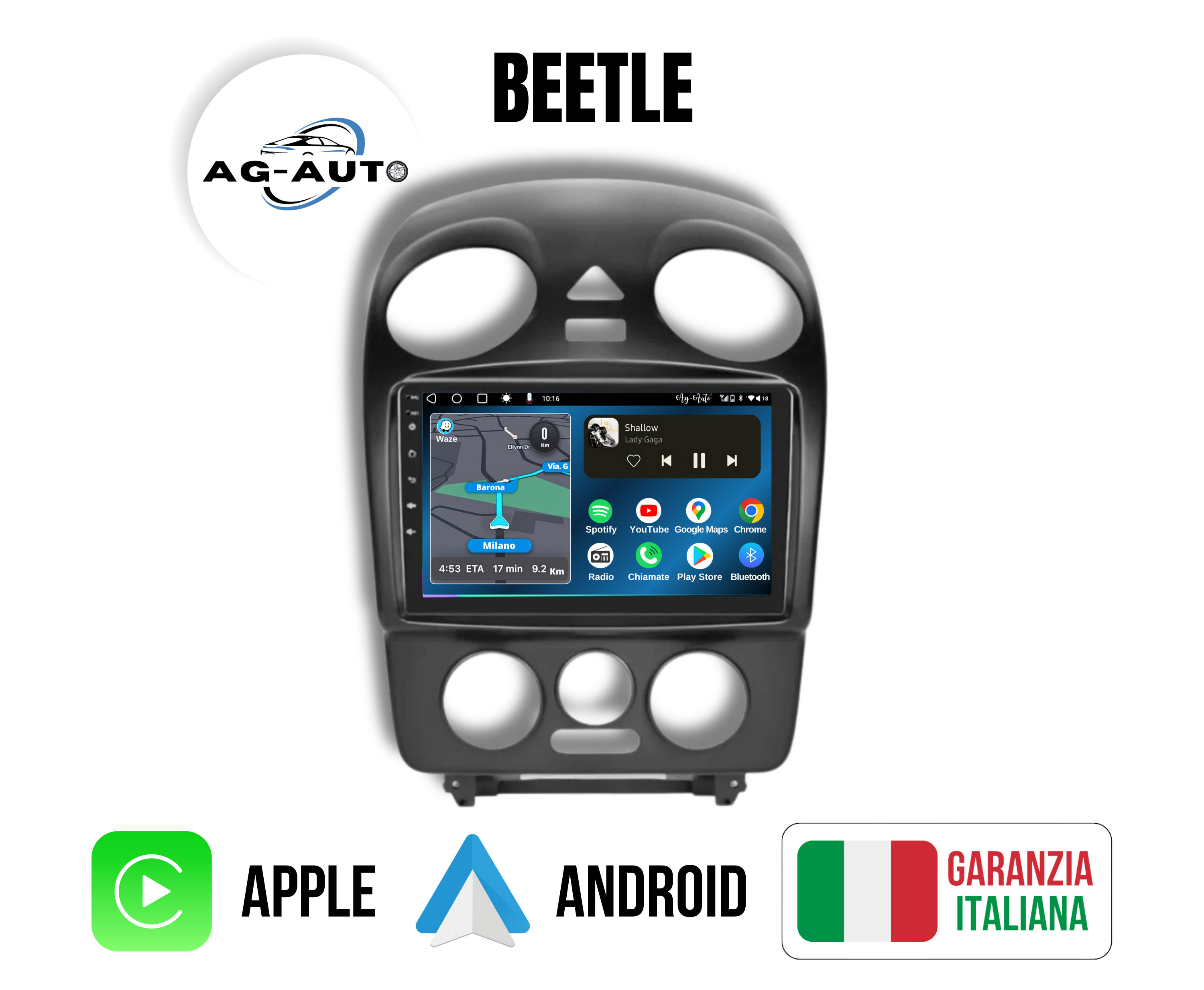 Volkswagen Beetle | 9 Pollici - Mascherina Inclusa Autoradio 2 Din Android auto + Carplay / vw Stereo Touch | Navigatore GPS + Bluetooth + Wifi