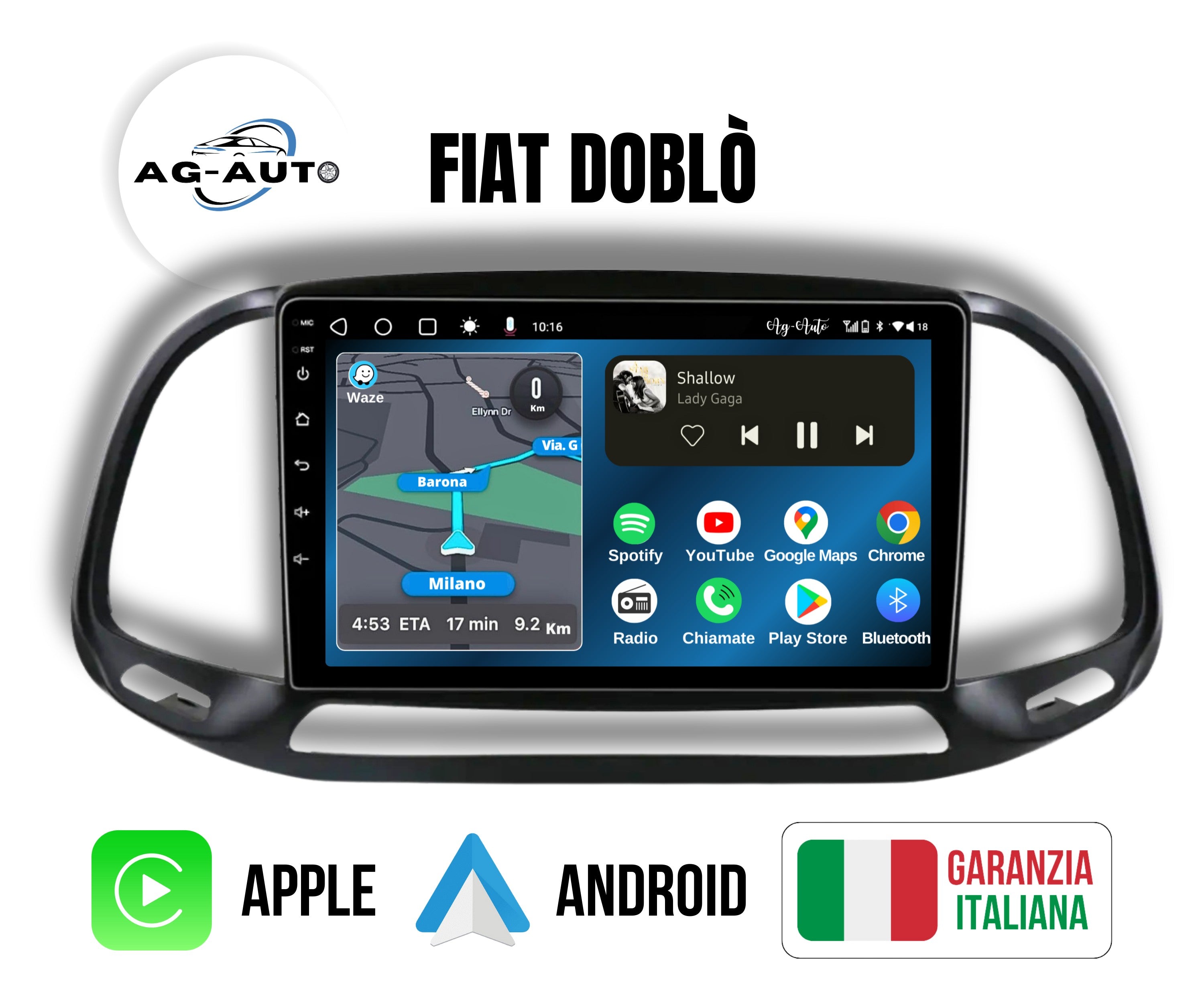 Fiat Doblò (2015-2019) |9 pollici - Mascherina Inclusa Autoradio 2 Din Android auto + Carplay / Stereo Touch 2/64gb | Navigatore GPS + Bluetooth + Wifi