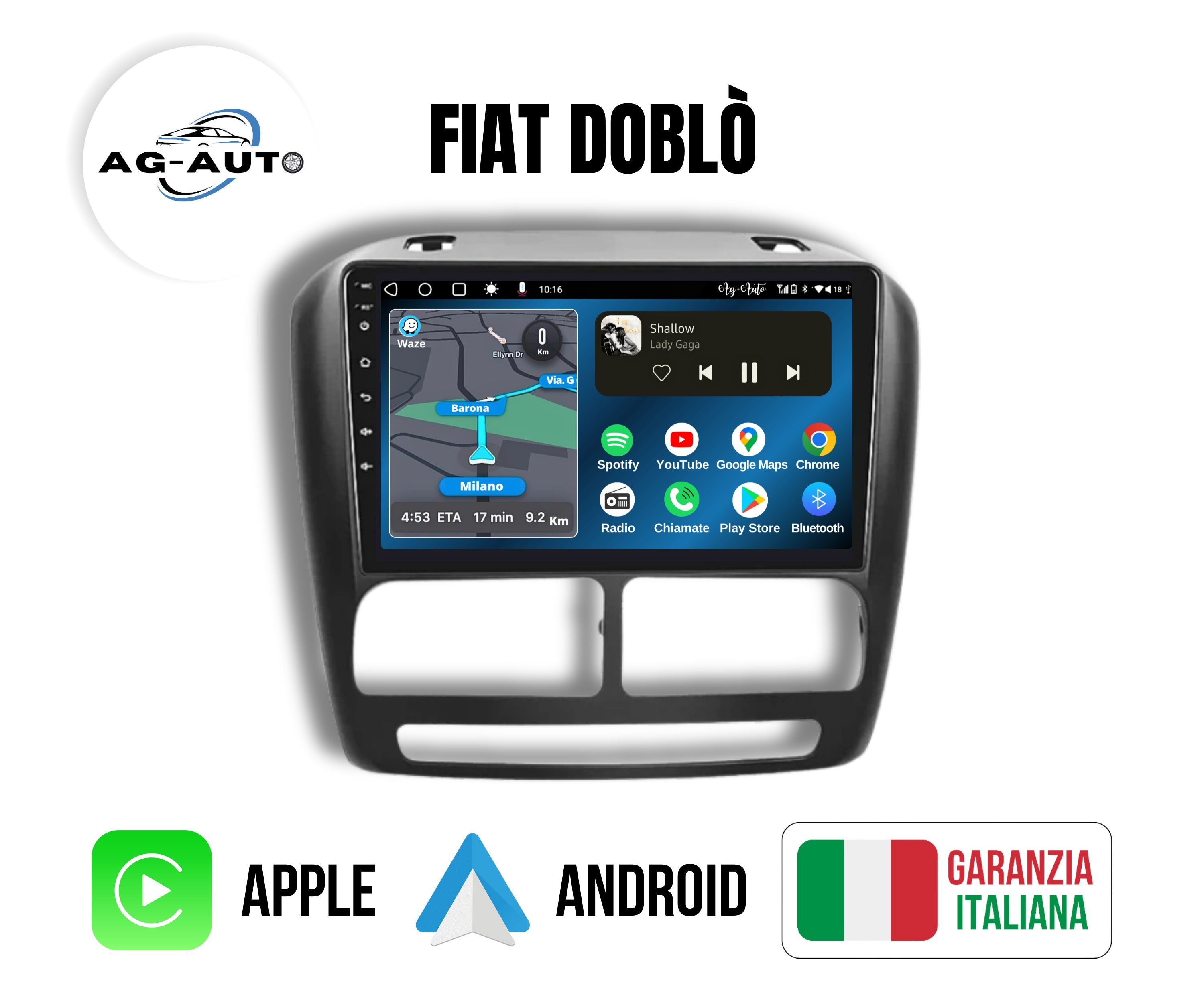 Fiat Doblò (2010-2015) 9 pollici | Mascherina Inclusa Autoradio 2 Din Android auto + Carplay / Stereo Touch 2/64gb - 4/64gb | Navigatore GPS + Bluetooth + Wifi