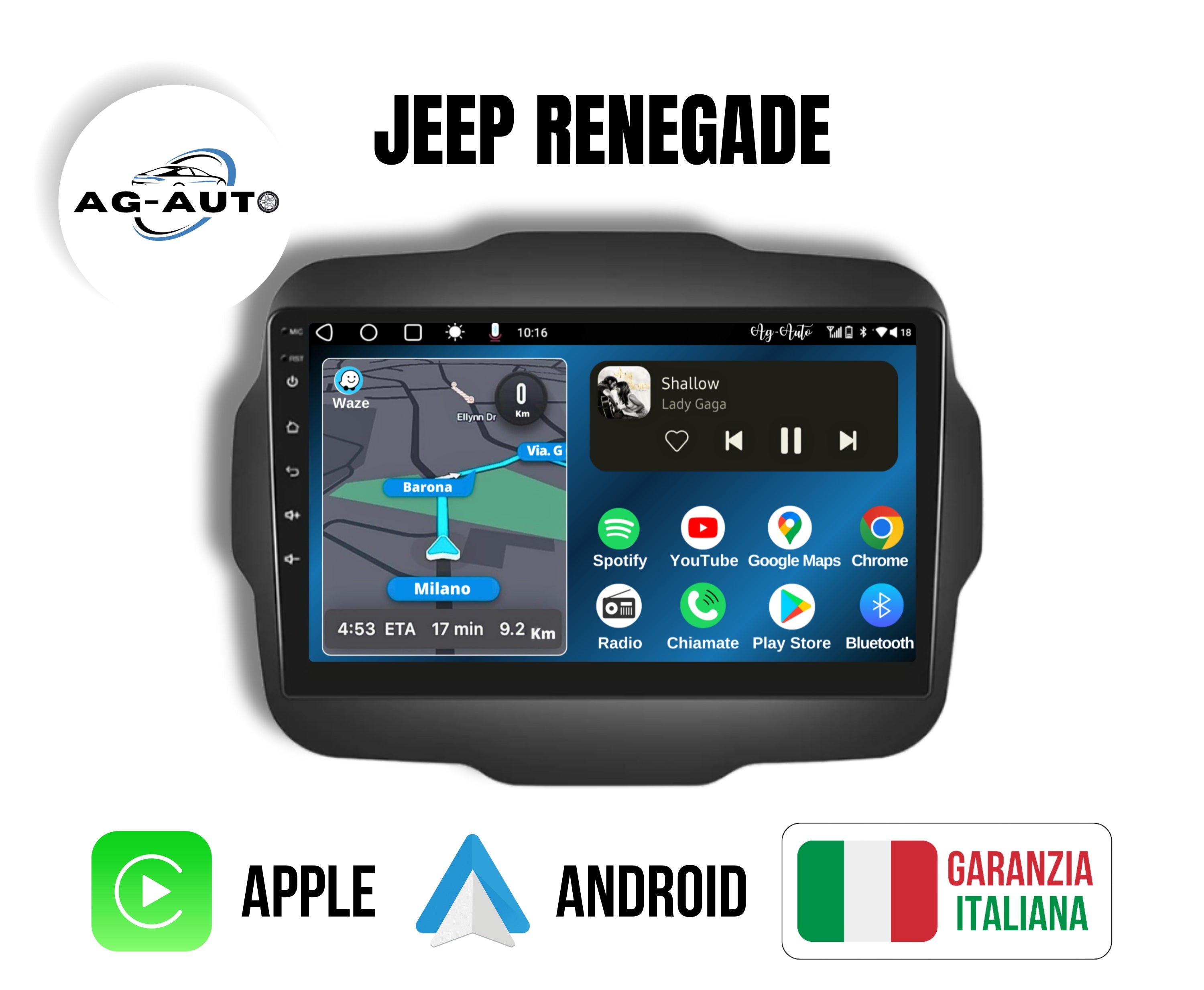 Jeep Renegade | Mascherina Inclusa | 9 Pollici - Autoradio 2 Din Android auto + Carplay / Stereo Touch 2/64gb | Navigatore GPS + Bluetooth + Wifi