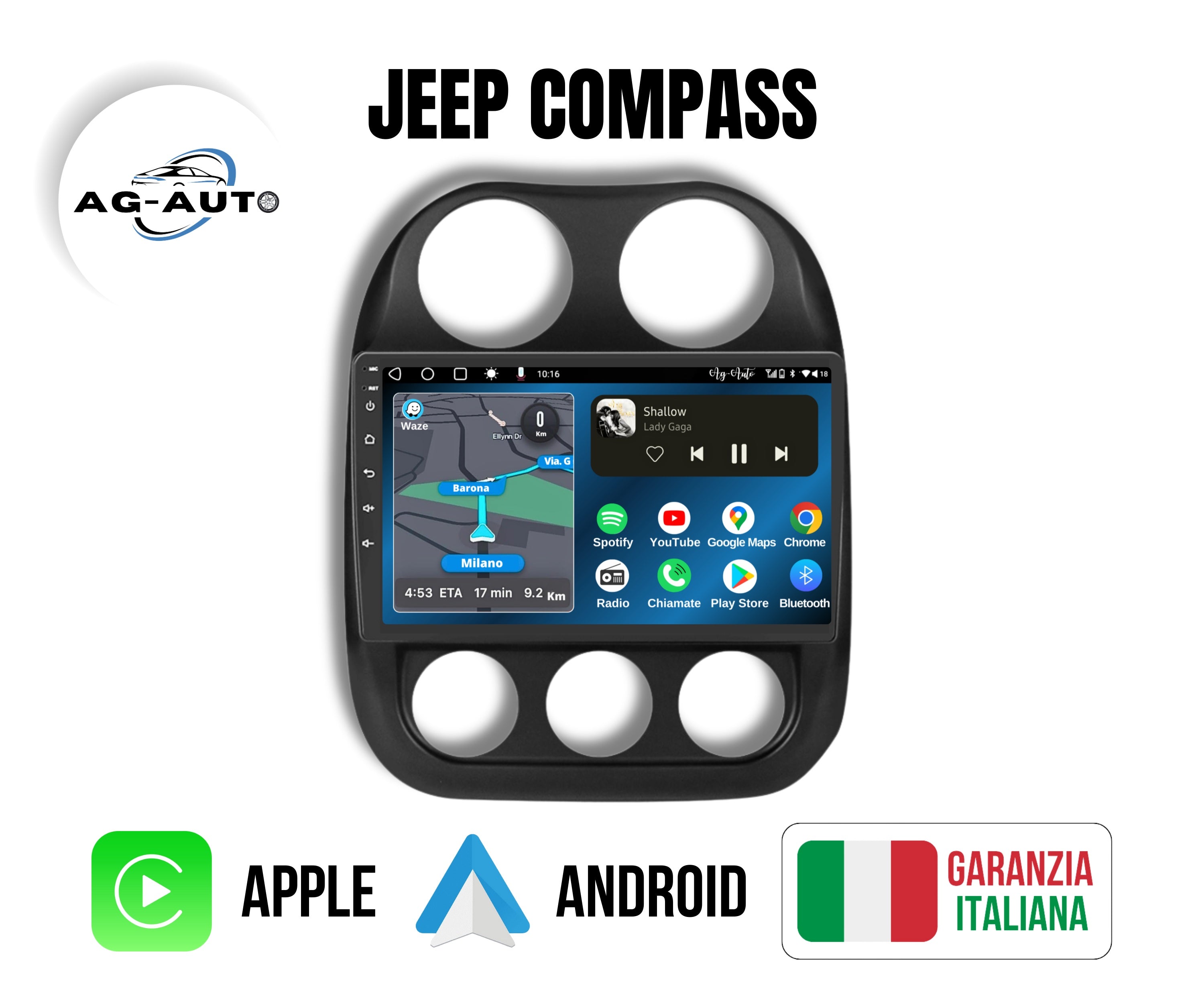 Jeep Compass | 9 Pollici - Mascherina inclusa - Autoradio 2 Din Android auto + Carplay / Stereo Touch 2/64gb | Navigatore GPS + Bluetooth + Wifi