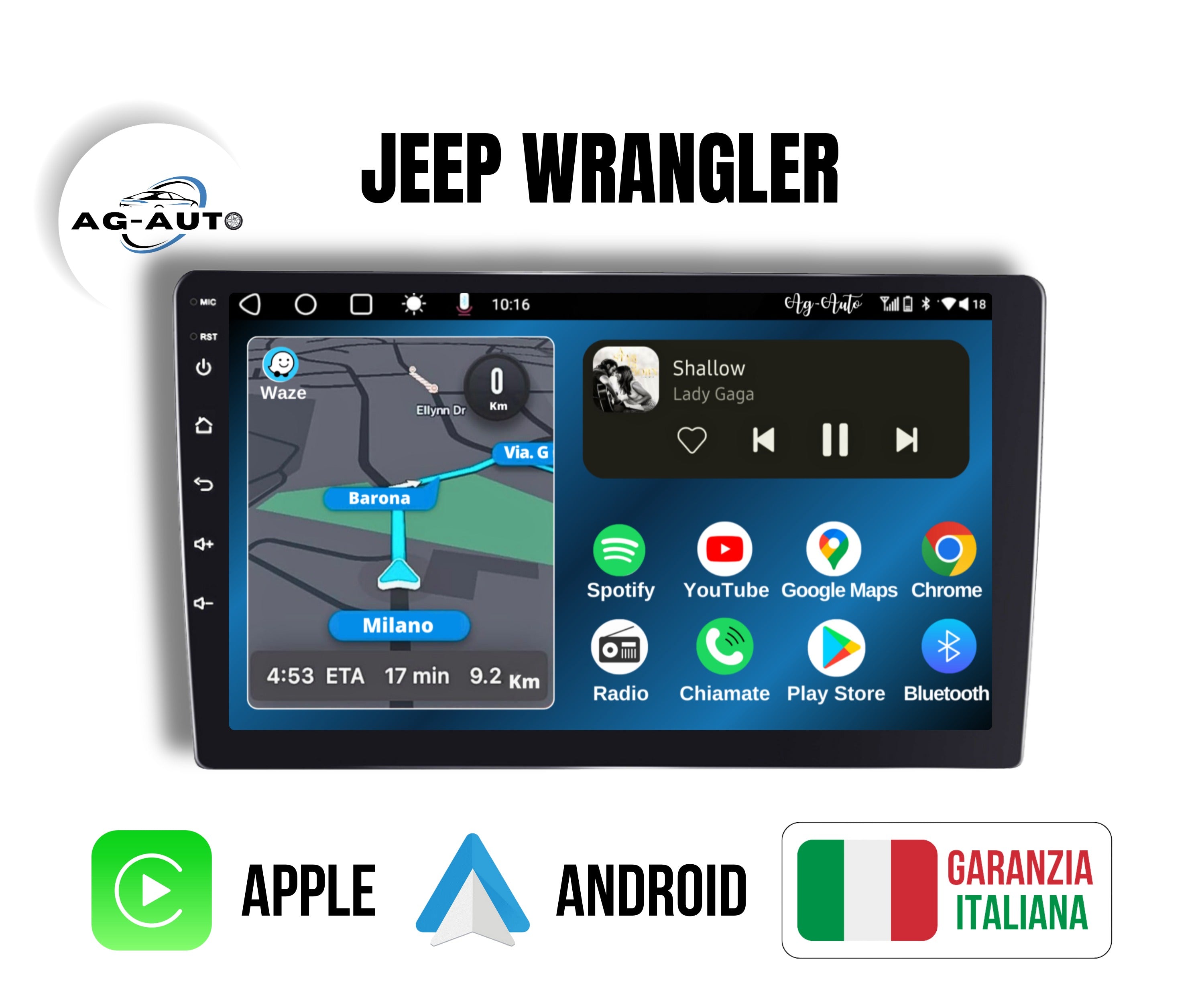 Jeep Wrangler 2015-2018 | Mascherina INCLUSA | 10 Pollici - Autoradio 2 Din Android auto Carplay Stereo Touch 2/64gb | Navigatore GPS + Bluetooth + Wifi