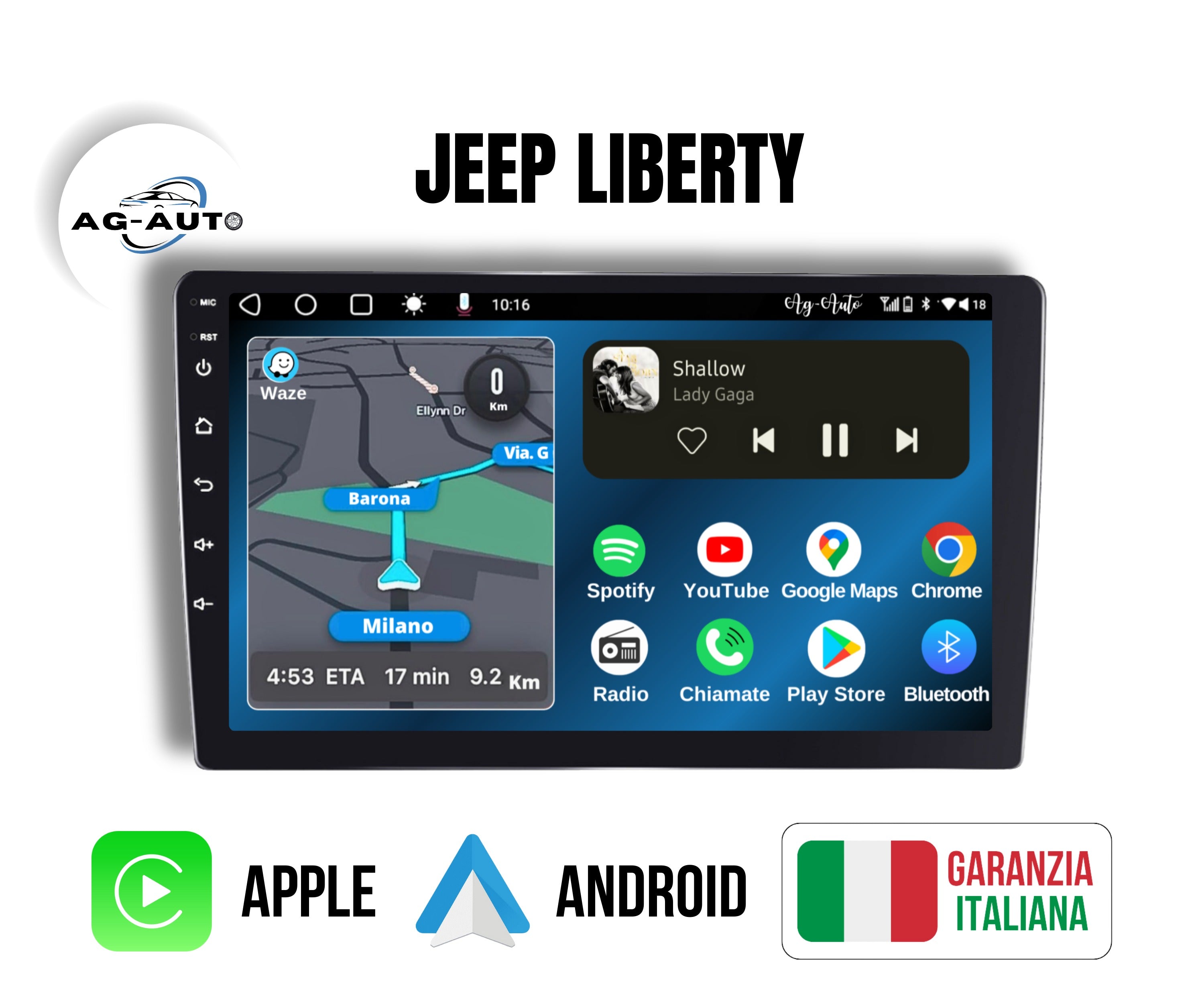 Jeep Liberty | 9 Pollici - Mascherina inclusa - Autoradio 2 Din Android auto + Carplay / Stereo Touch 2/64gb | Navigatore GPS + Bluetooth + Wifi