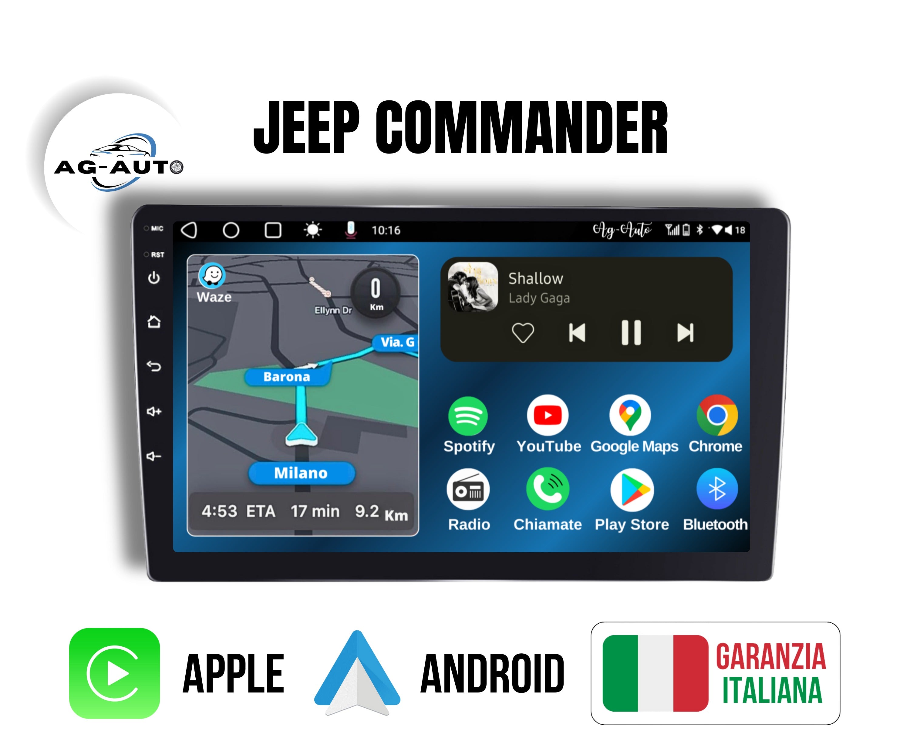 Jeep Commander | 9 Pollici - Mascherina inclusa - Autoradio 2 Din Android auto + Carplay / Stereo Touch 2/64gb | Navigatore GPS + Bluetooth + Wifi