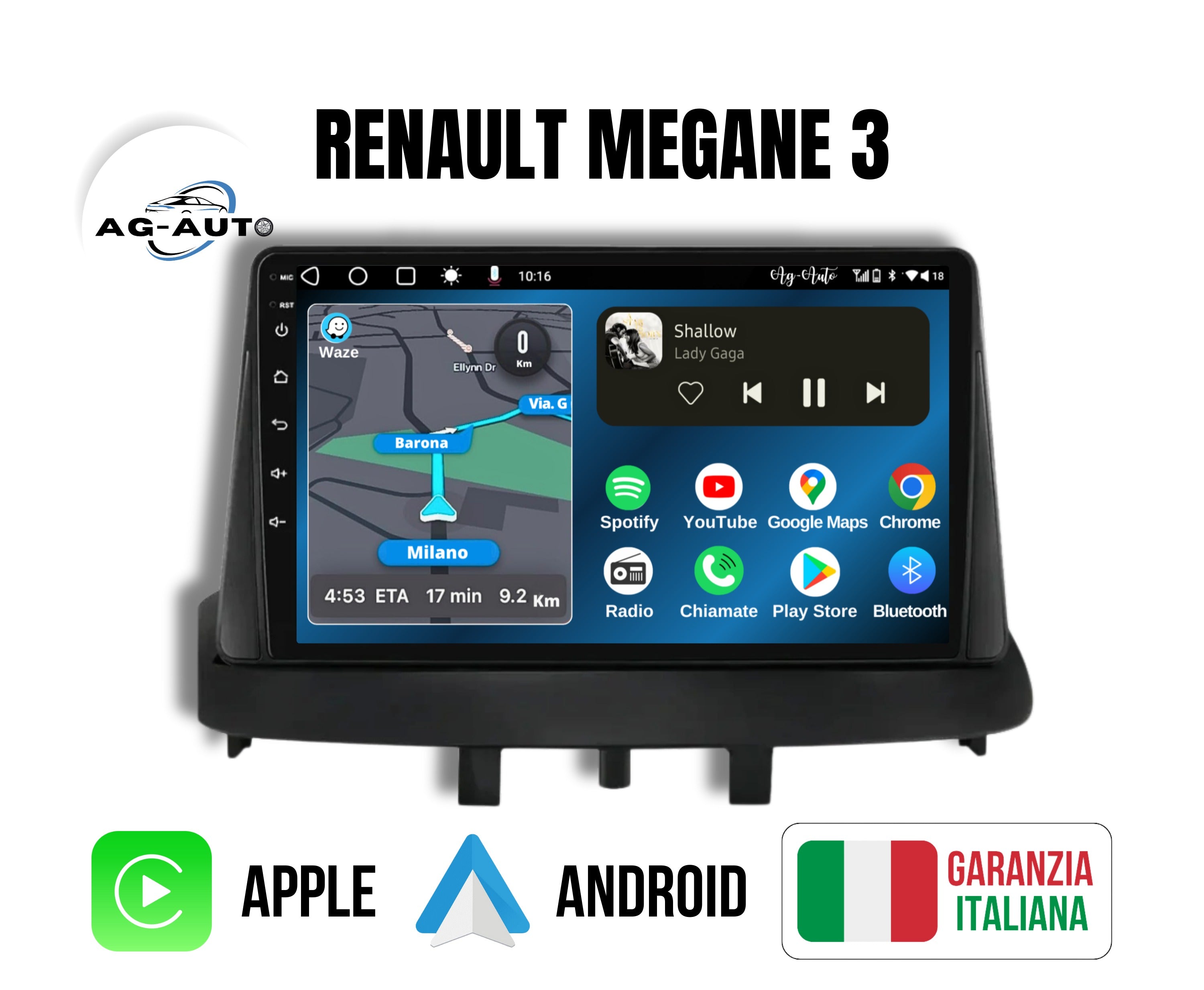 Renault Megane 3 | 9 Pollici - Mascherina inclusa - Autoradio 2 Din Android auto + Carplay / Stereo Touch 2/64gb | Navigatore GPS + Bluetooth + Wifi