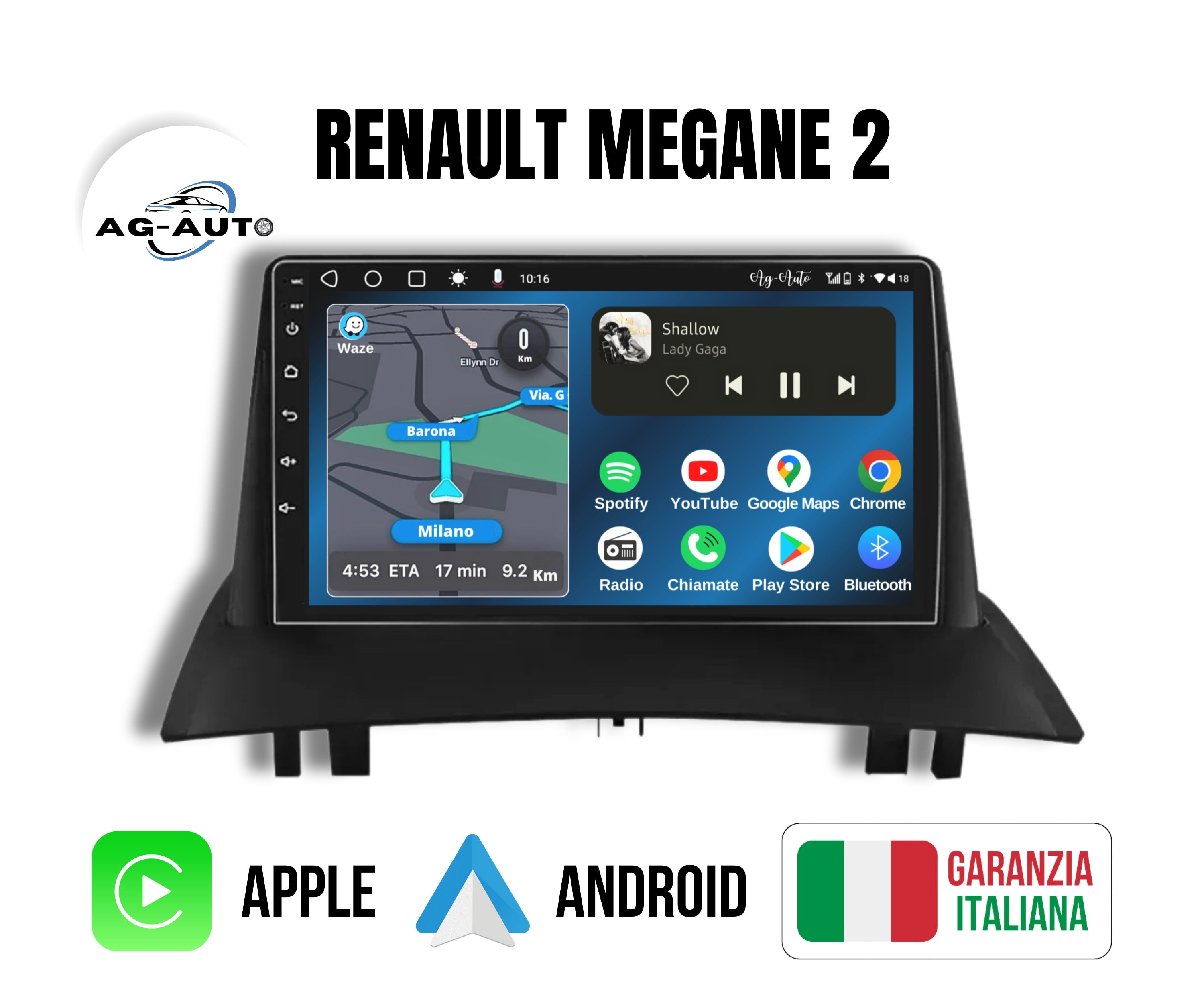 Renault Megane 2 | 9 Pollici - Mascherina inclusa - Autoradio 2 Din Android auto + Carplay / Stereo Touch 2/64gb | Navigatore GPS + Bluetooth + Wifi