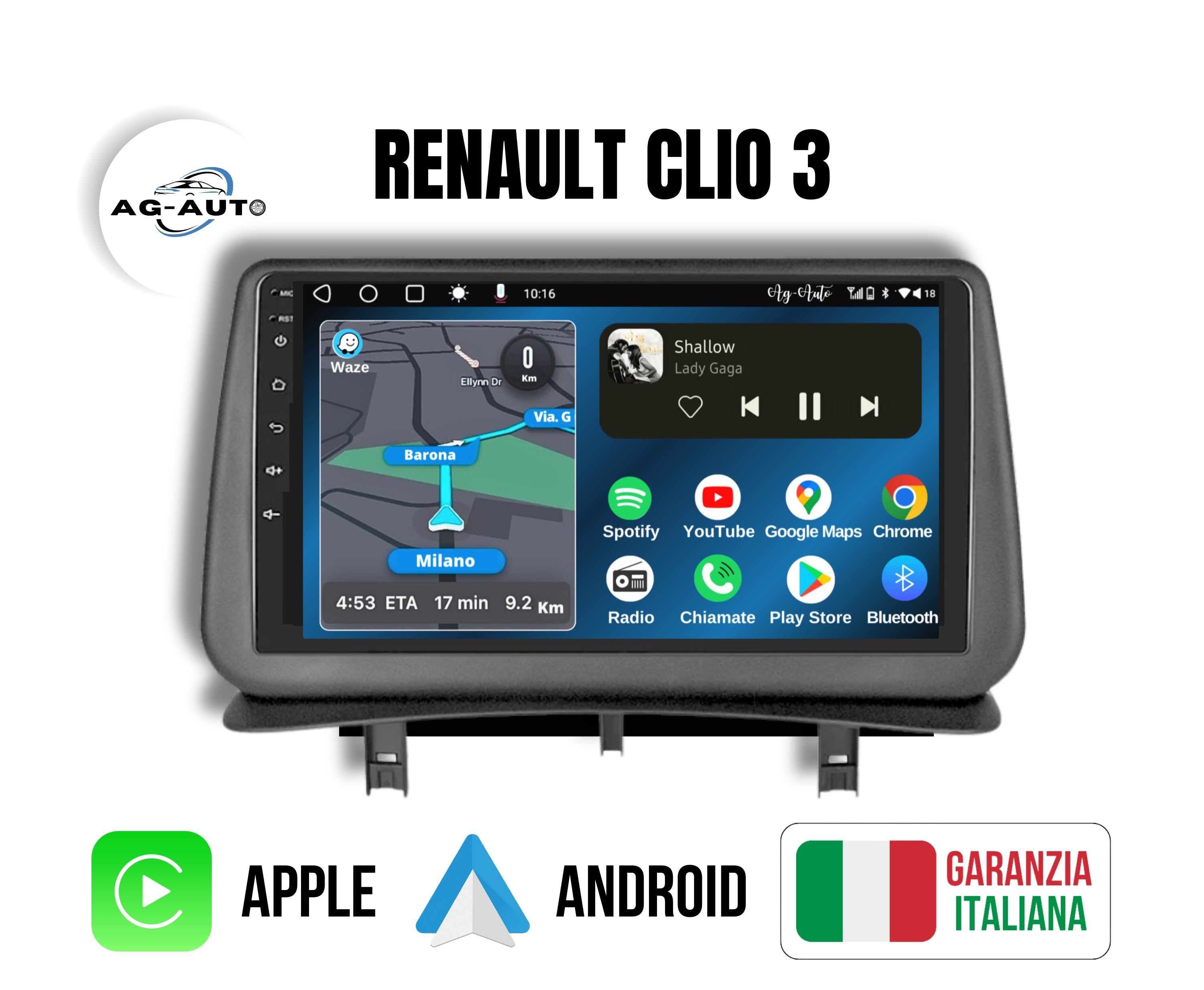 Renault Clio 3 | 9 Pollici - Mascherina inclusa - Autoradio 2 Din Android auto + Carplay / Stereo Touch 2/64gb | Navigatore GPS + Bluetooth + Wifi