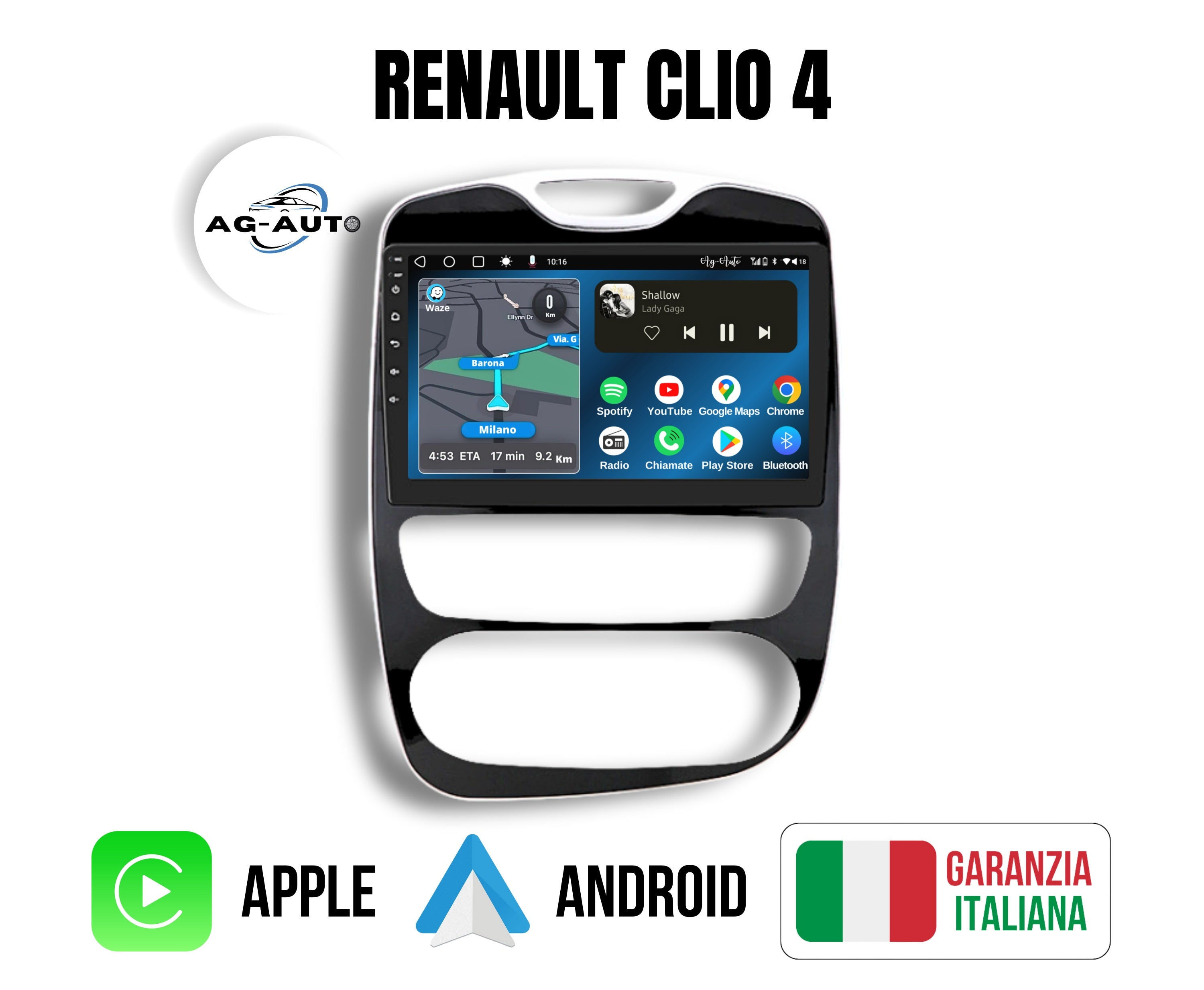 Renault Clio 4 | 9 Pollici - Mascherina inclusa -Autoradio 2 Din Android auto + Carplay / Stereo Touch | Navigatore GPS + Bluetooth + Wifi