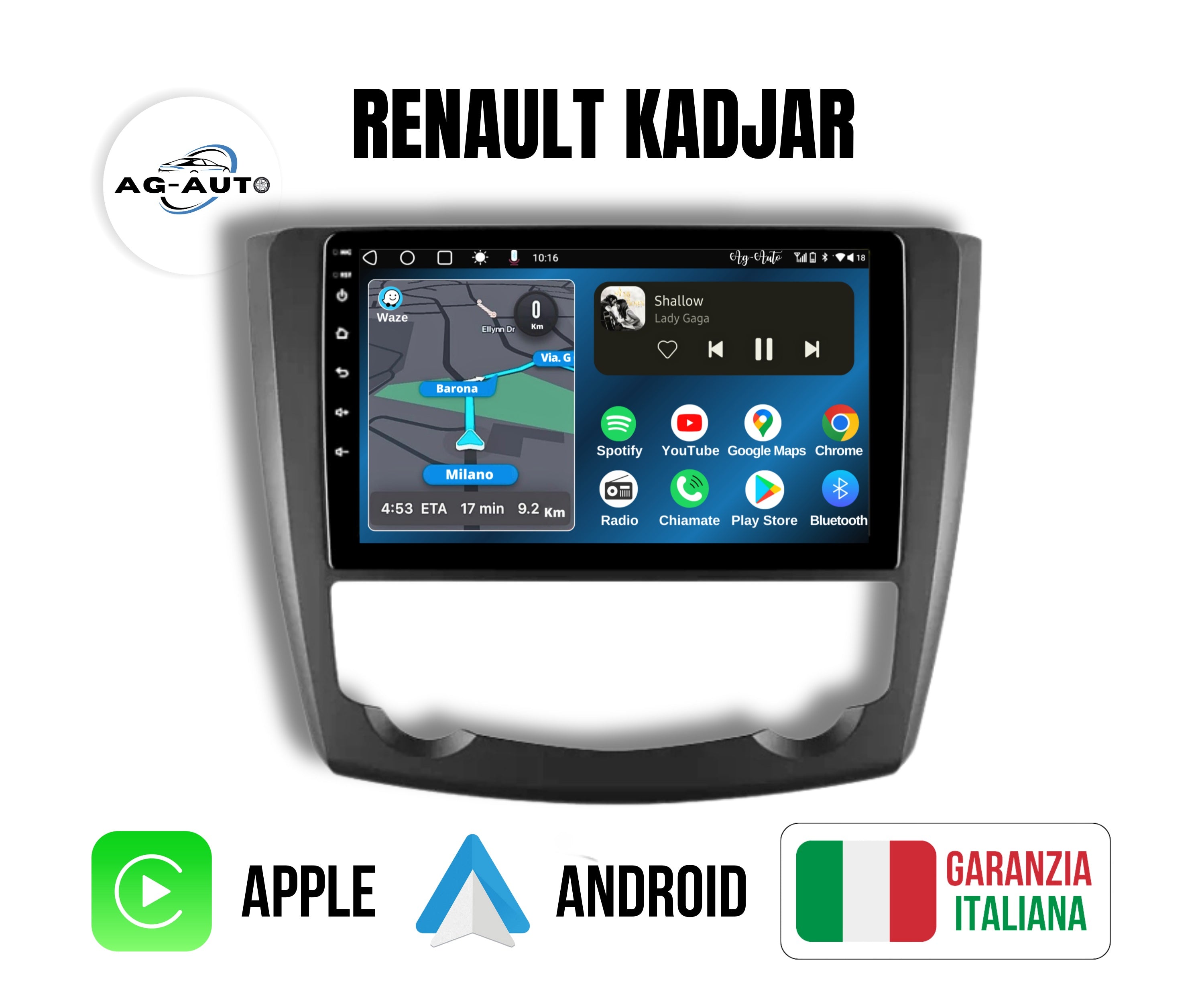 Renault Kadjar | 9 Pollici - Mascherina inclusa - Autoradio 2 Din Android auto + Carplay / Stereo Touch 2/64gb | Navigatore GPS + Bluetooth + Wifi