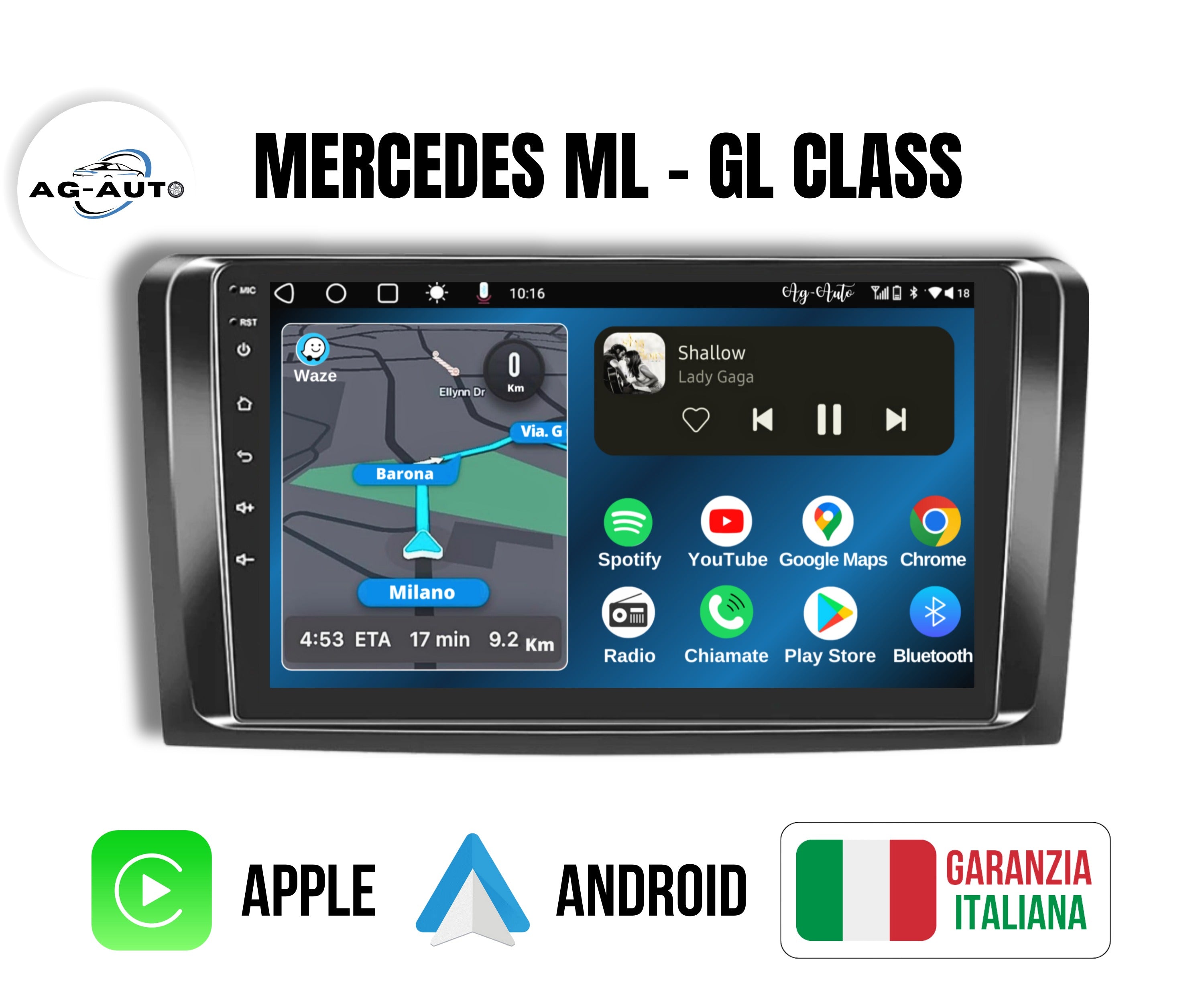 Mercedes Classe ML & GL | 9 Pollici - Mascherina inclusa - Autoradio 2 Din Android auto + Carplay / ml350 w163 w164 x164 Stereo Touch 2/64gb | Navigatore GPS + Bluetooth + Wifi