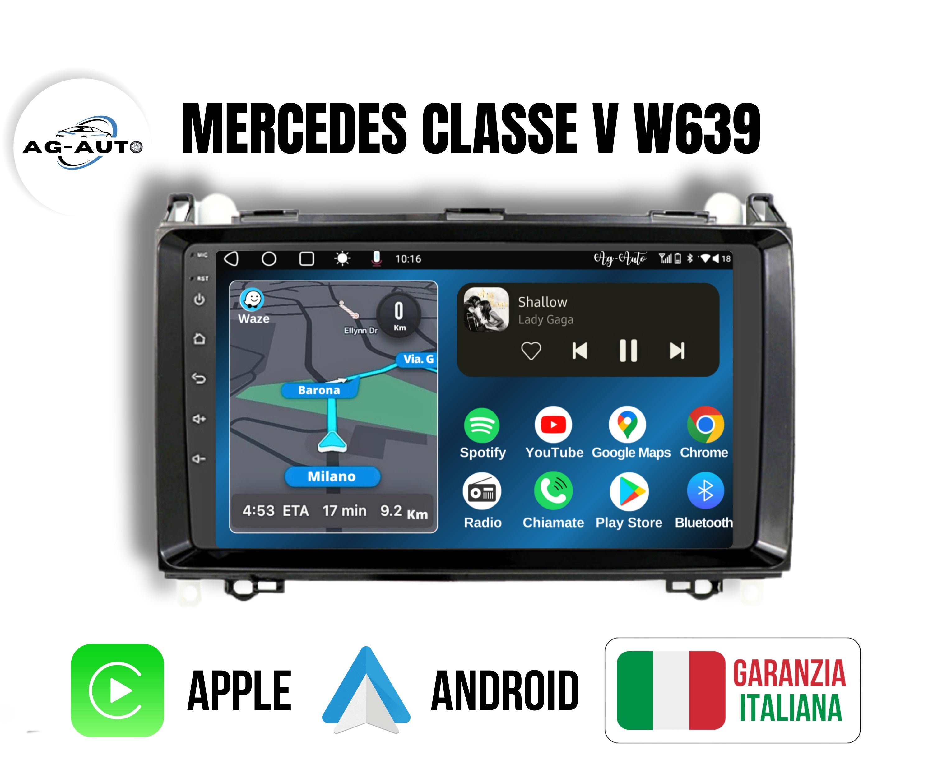 Mercedes Classe V w639 | 9 Pollici - Mascherina inclusa - Autoradio 2 Din Android auto + Carplay / Stereo Touch 2/64gb | Navigatore GPS + Bluetooth + Wifi