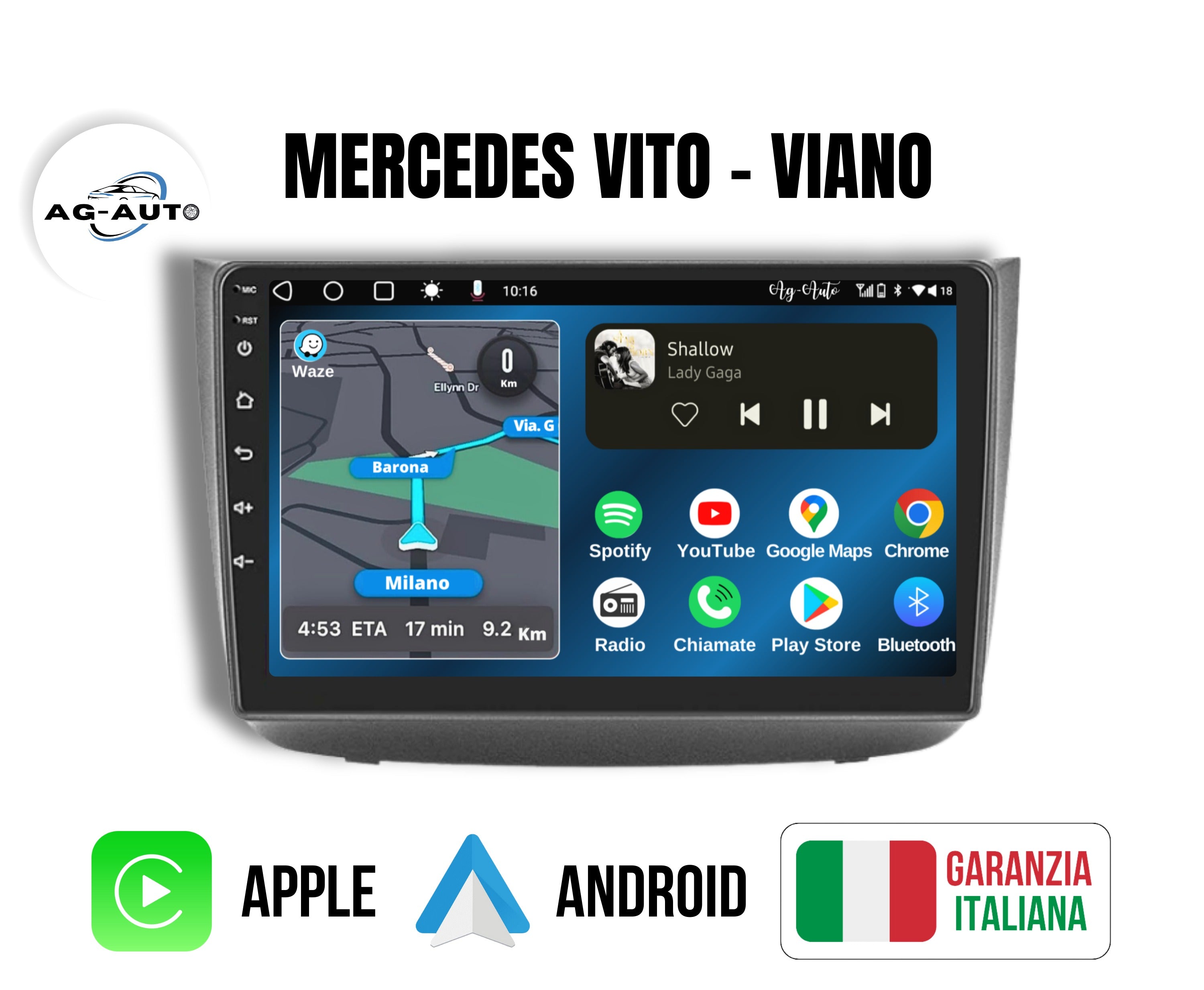 Mercedes Vito & Viano | 10 Pollici - Mascherina inclusa - Autoradio 2 Din Android auto + Carplay / Stereo Touch 2/64gb | Navigatore GPS + Bluetooth + Wifi