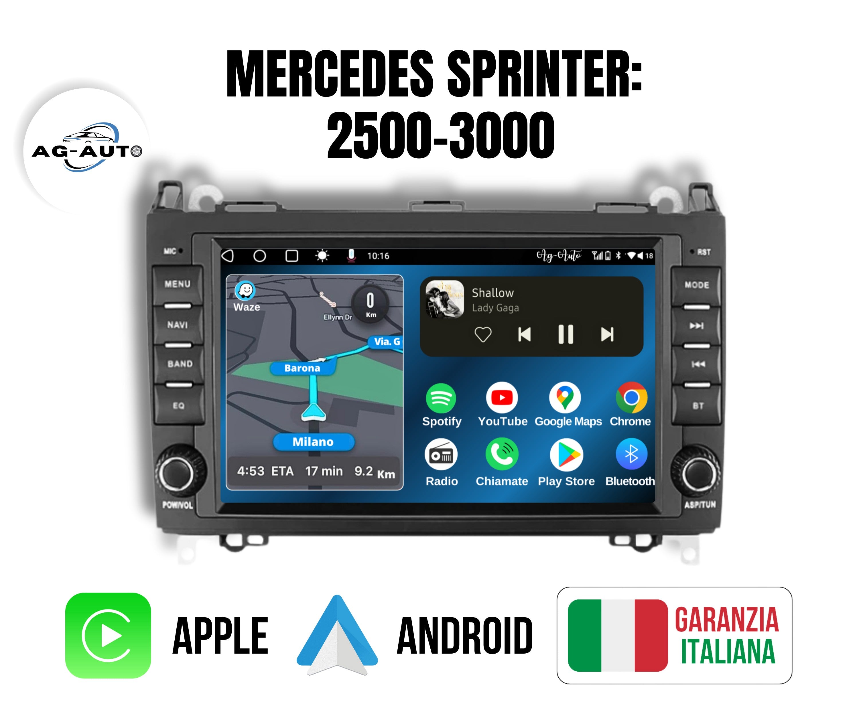 Mercedes Sprinter | 8 Pollici - Mascherina inclusa - Autoradio 2 Din Android auto + Carplay / 2500 3000 Stereo Touch 2/32gb | Navigatore GPS + Bluetooth + Wifi