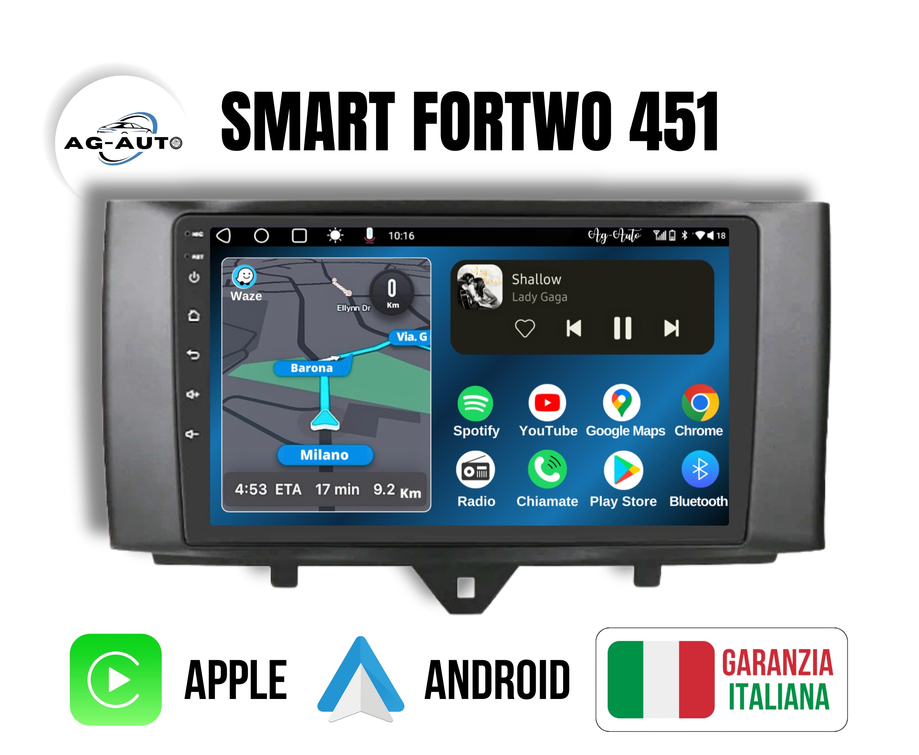 Smart Fortwo 451 | 9 Pollici - Mascherina inclusa - Autoradio 2 Din Android auto + Carplay / Stereo Touch | Navigatore GPS + Bluetooth + Wifi