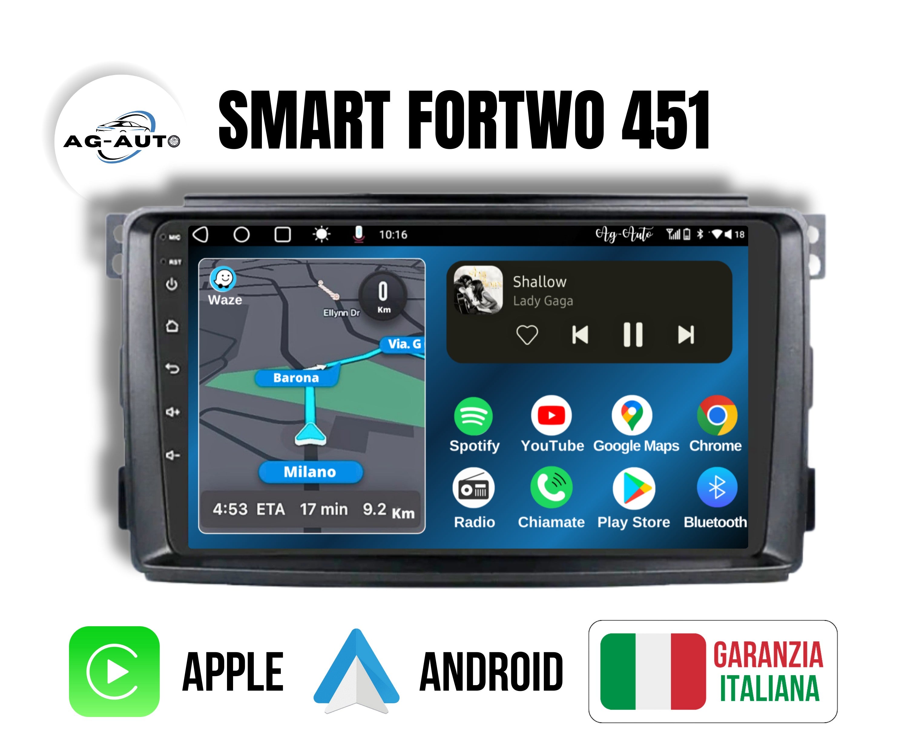 Smart fortwo 451 | 9 pollici + Mascherina Inclusa Autoradio 2 Din Android auto + Carplay / Stereo Touch 2/64gb | Navigatore GPS + Bluetooth + Wifi