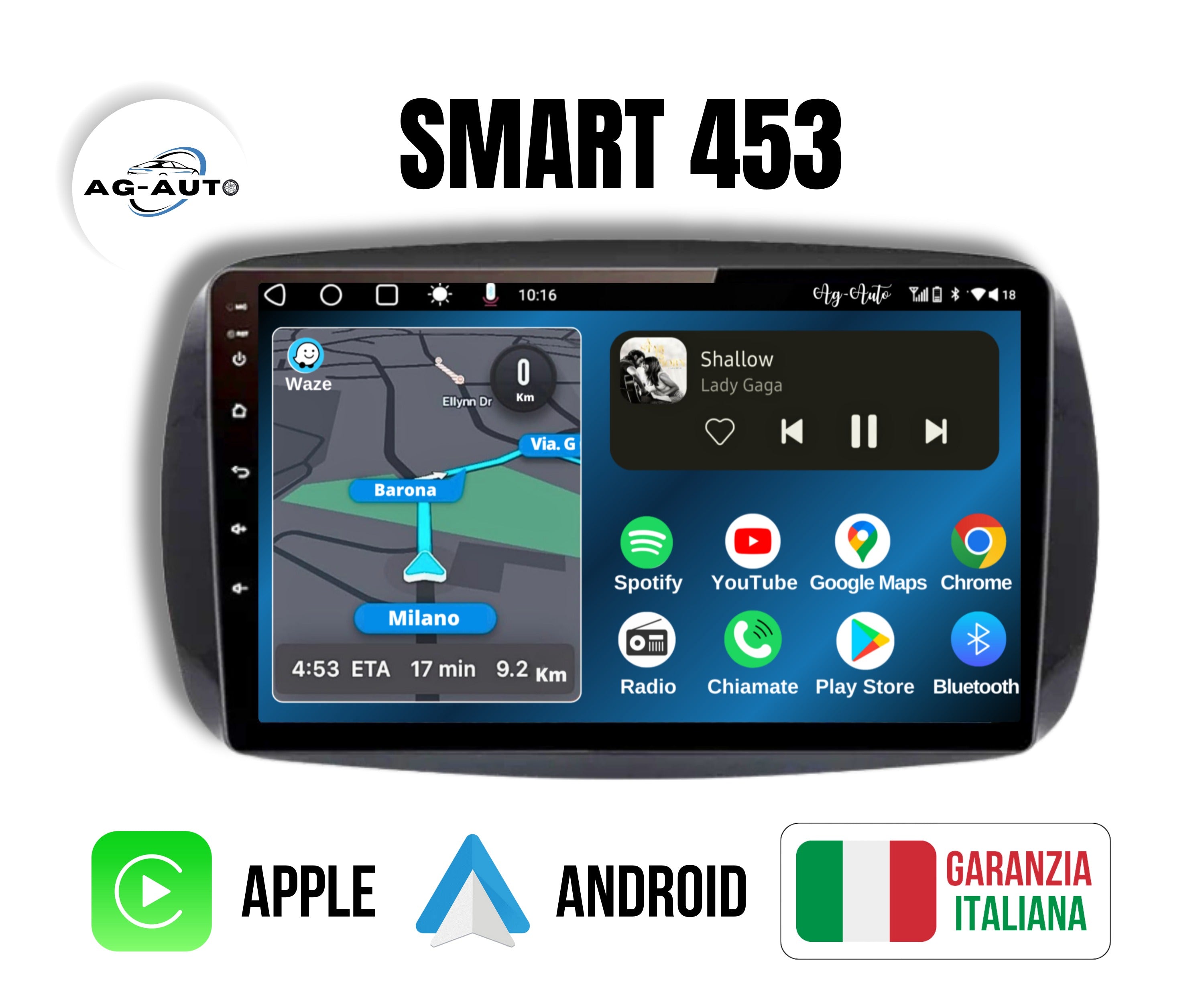 Smart 453 Fortwo | 9 pollici + Mascherina Inclusa - Autoradio 2 Din Android auto + Carplay / Stereo Touch 2/32gb | Navigatore GPS + Bluetooth + Wifi