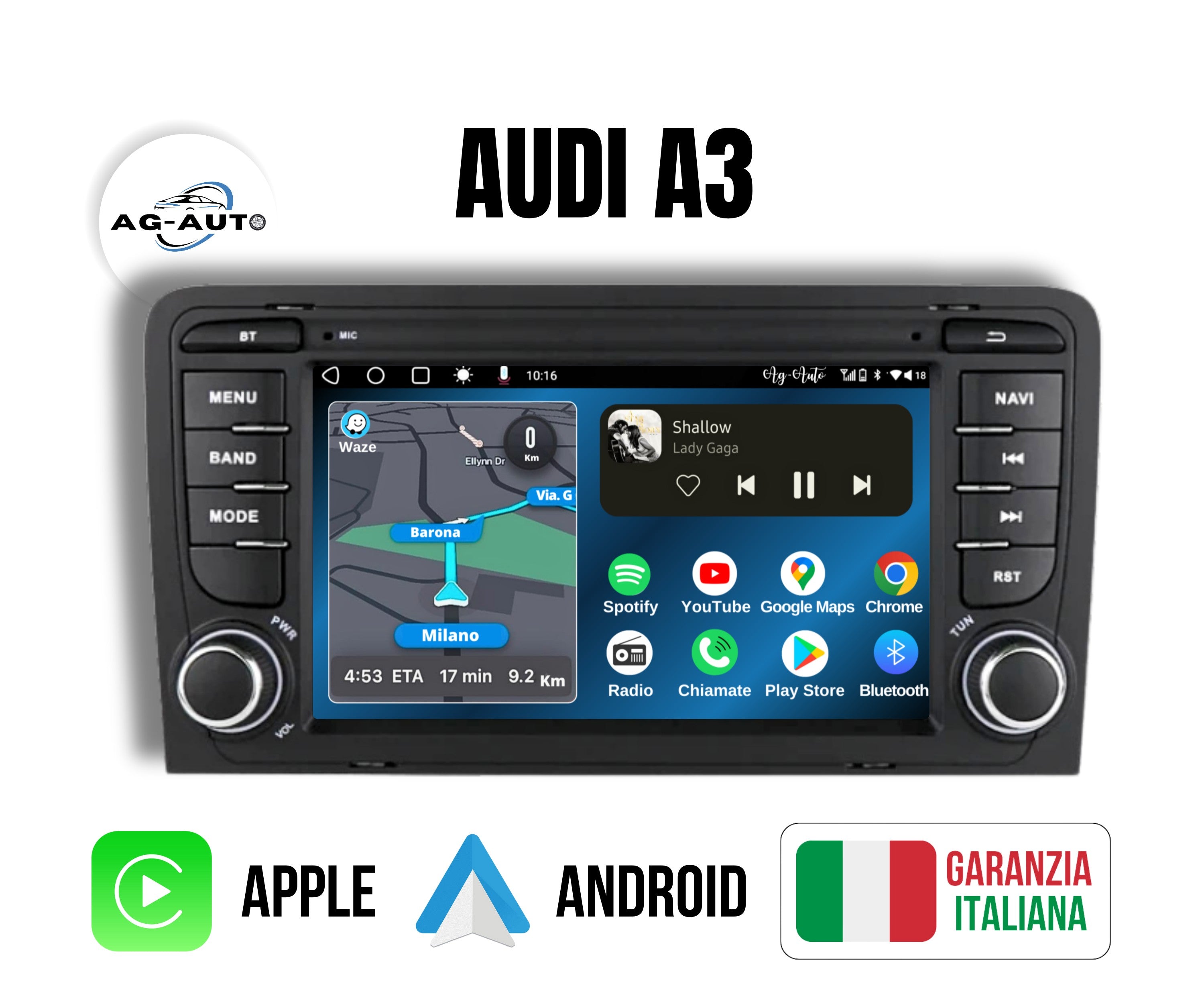 Audi a3 8p rs3 - s3  Autoradio 2 Din Android auto + Carplay / Stereo Touch 2/32gb - 4/64gb | Navigatore GPS + Bluetooth + Wifi