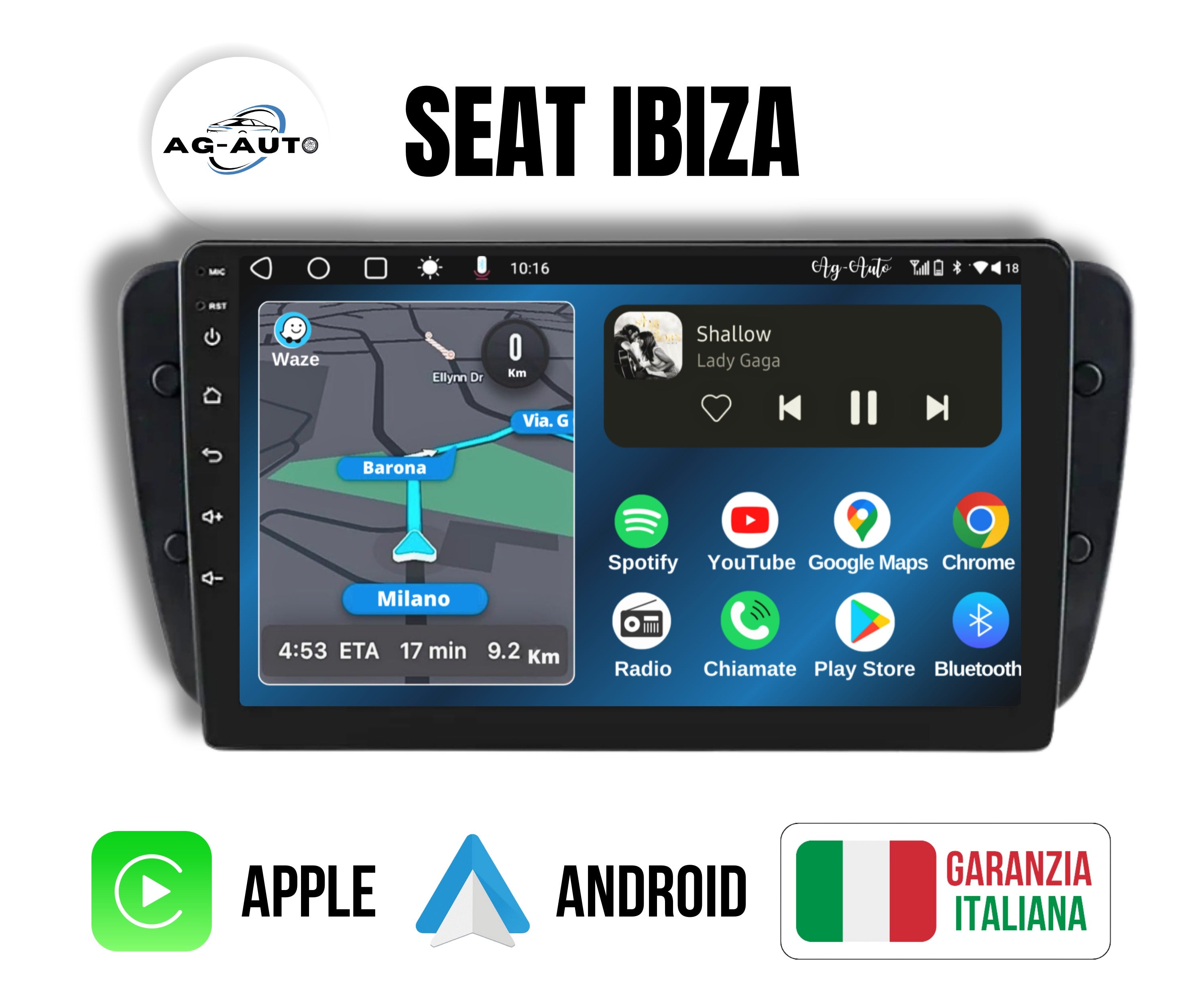 Seat Ibiza | 9 Pollici - Mascherina inclusa - Autoradio 2 Din Android auto + Carplay / Ibiza 6j Stereo Touch 2/64gb | Navigatore GPS + Bluetooth + Wifi