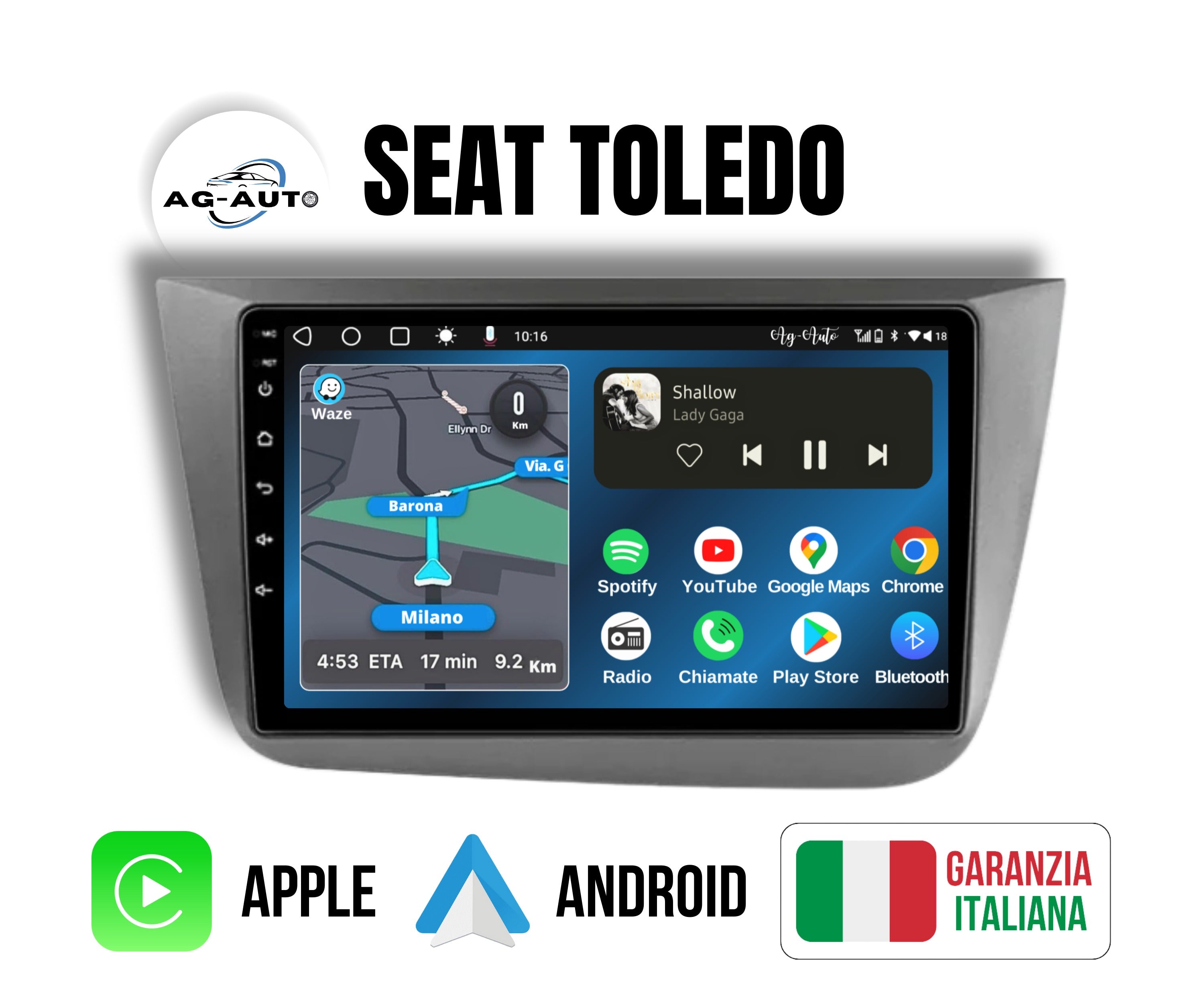 Seat Toledo 3 | 9 Pollici - Mascherina inclusa - Autoradio 2 Din Android auto + Carplay / Stereo Touch 2/64gb | Navigatore GPS + Bluetooth + Wifi