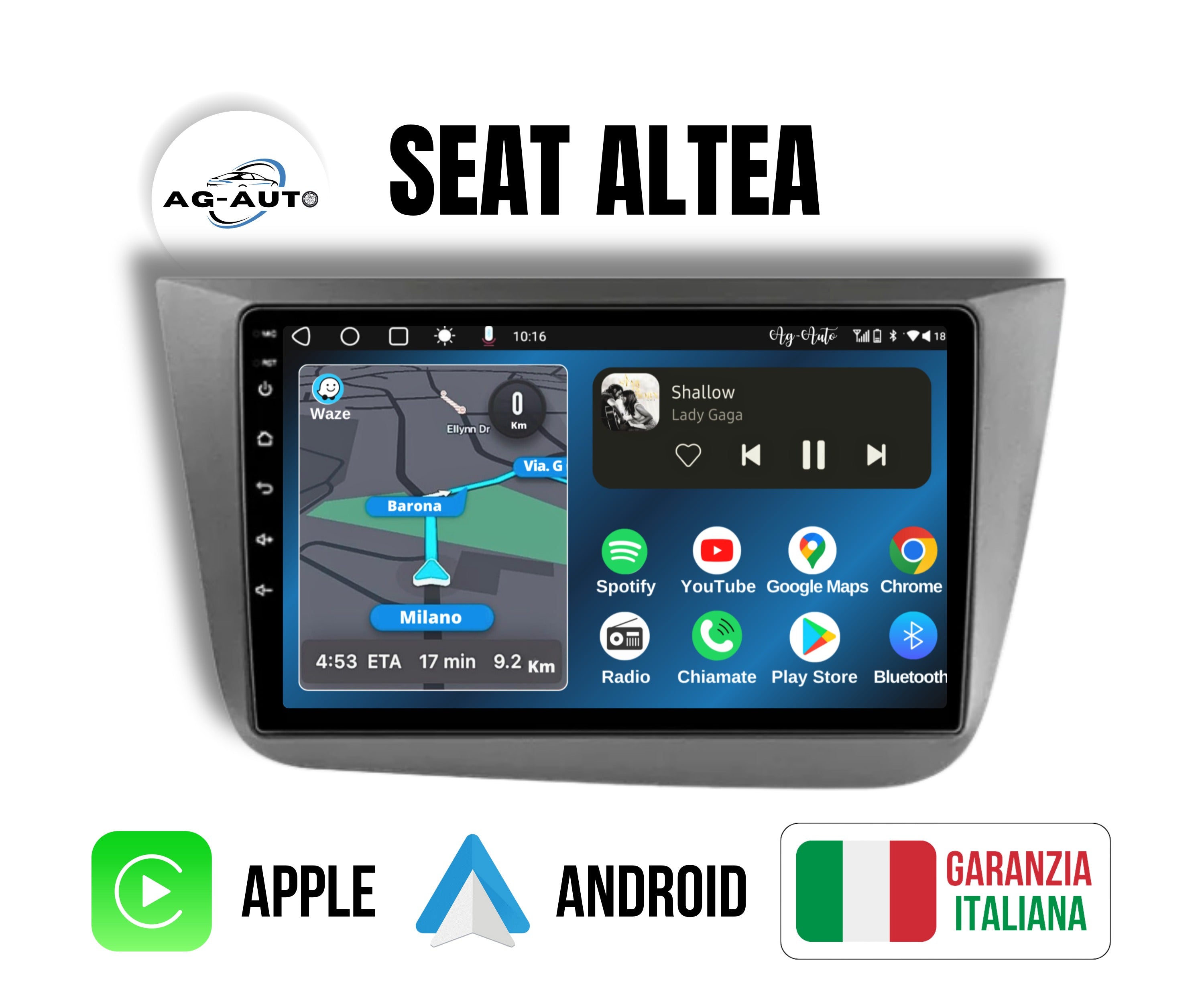 Seat Altea | 9 Pollici - Mascherina inclusa - Autoradio 2 Din Android auto + Carplay / Stereo Touch 2/64gb | Navigatore GPS + Bluetooth + Wifi