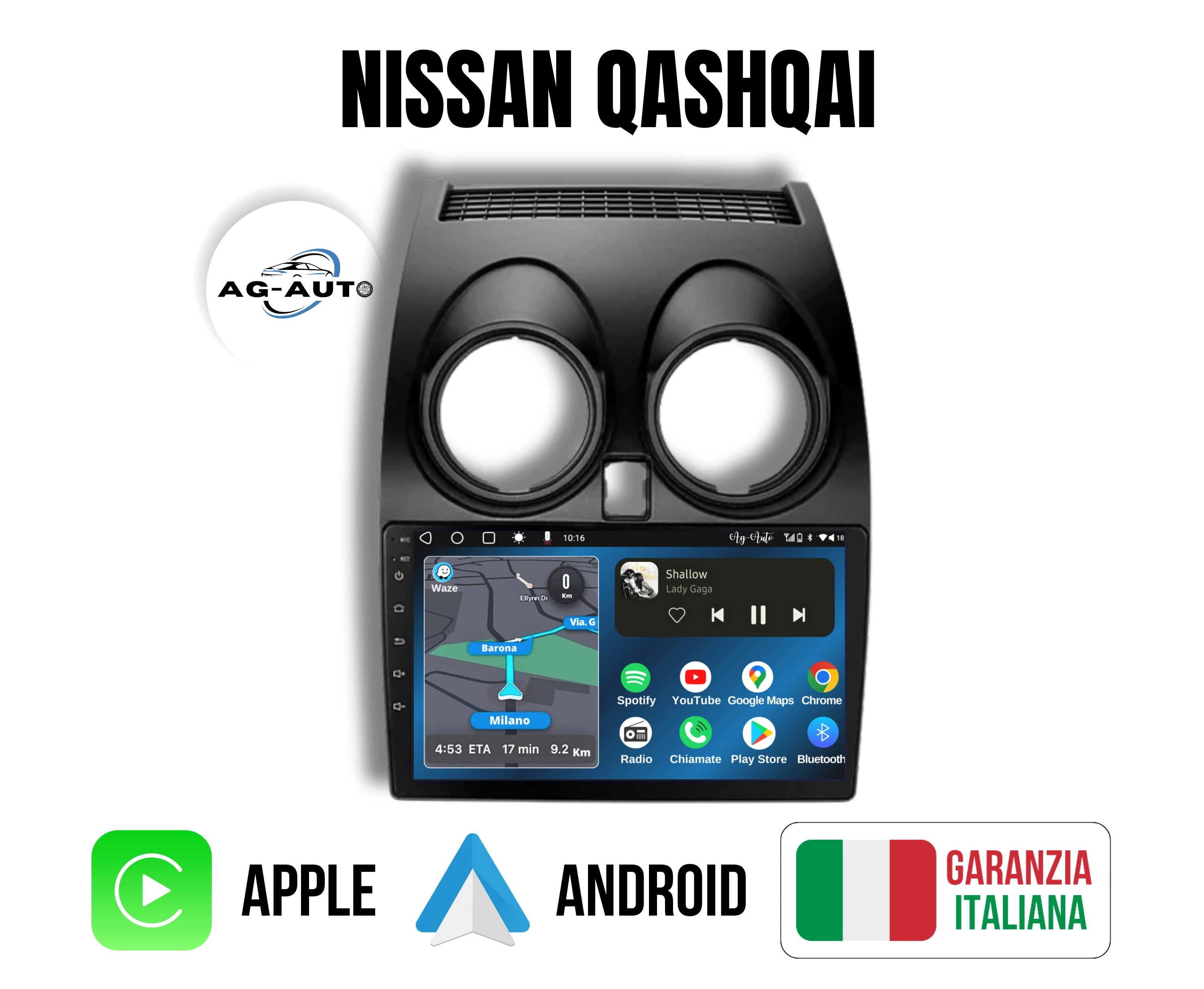 Nissan Qashqai | 9 Pollici - Mascherina inclusa - Autoradio 2 Din Android auto + Carplay / Stereo Touch 2/64gb | Navigatore GPS + Bluetooth + Wifi