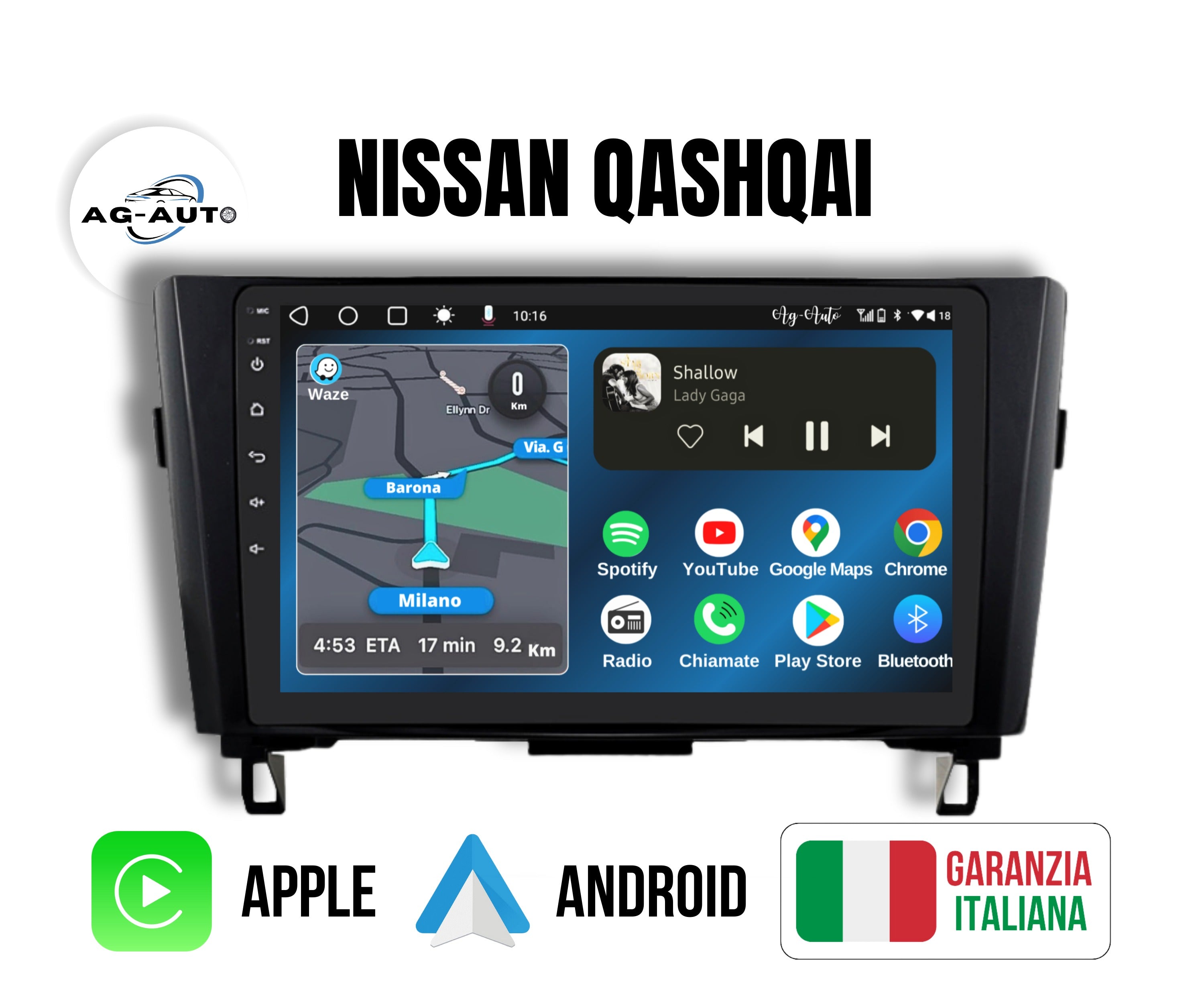 Nissan Qashqai 2 | 10 Pollici - Mascherina inclusa - Autoradio 2 Din Android auto + Carplay / Stereo Touch 2/64gb | Navigatore GPS + Bluetooth + Wifi