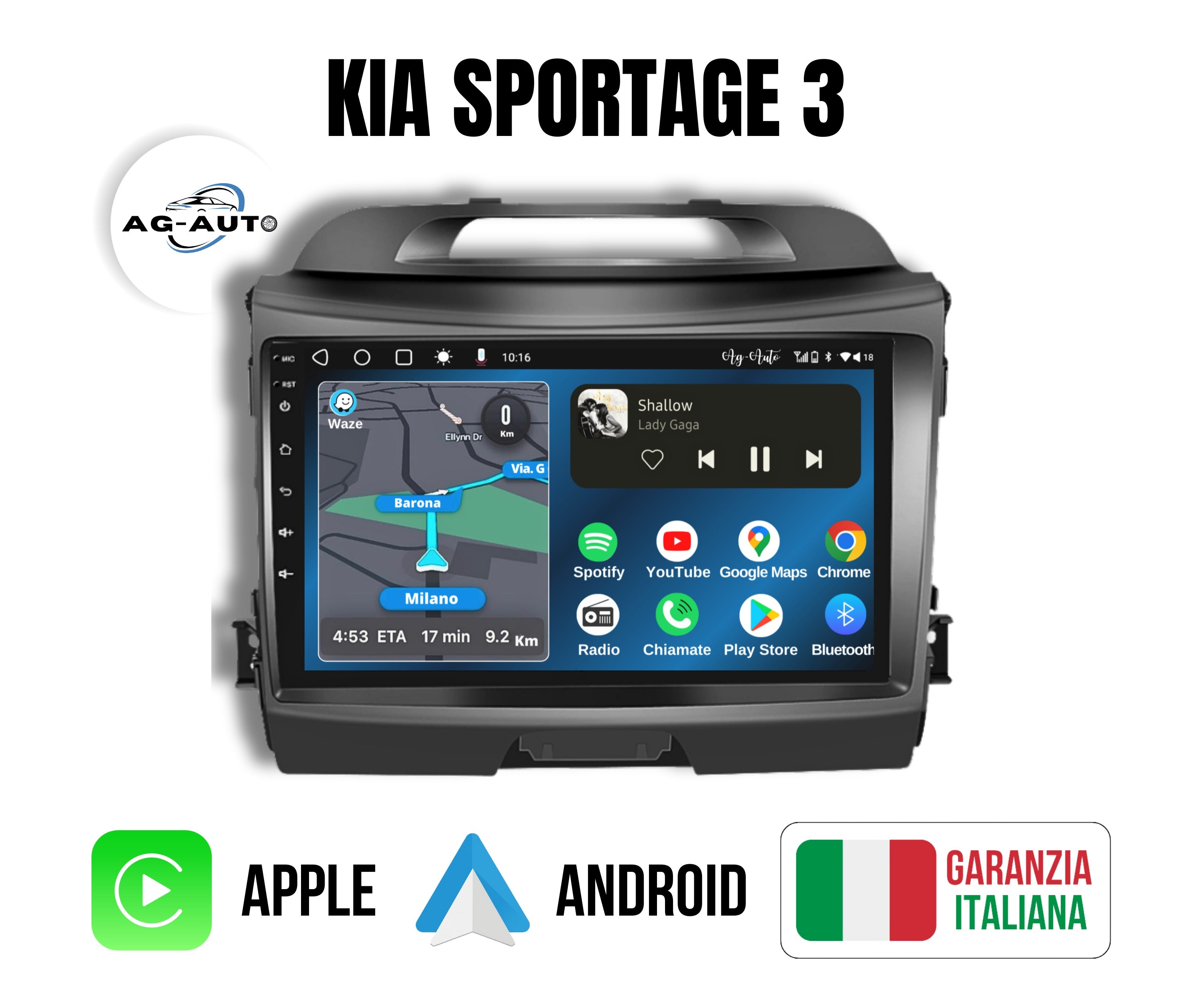 Kia Sportage 3 | 9 Pollici - Mascherina inclusa - Autoradio 2 Din Android auto + Carplay / Stereo Touch 2/64gb | Navigatore GPS + Bluetooth + Wifi