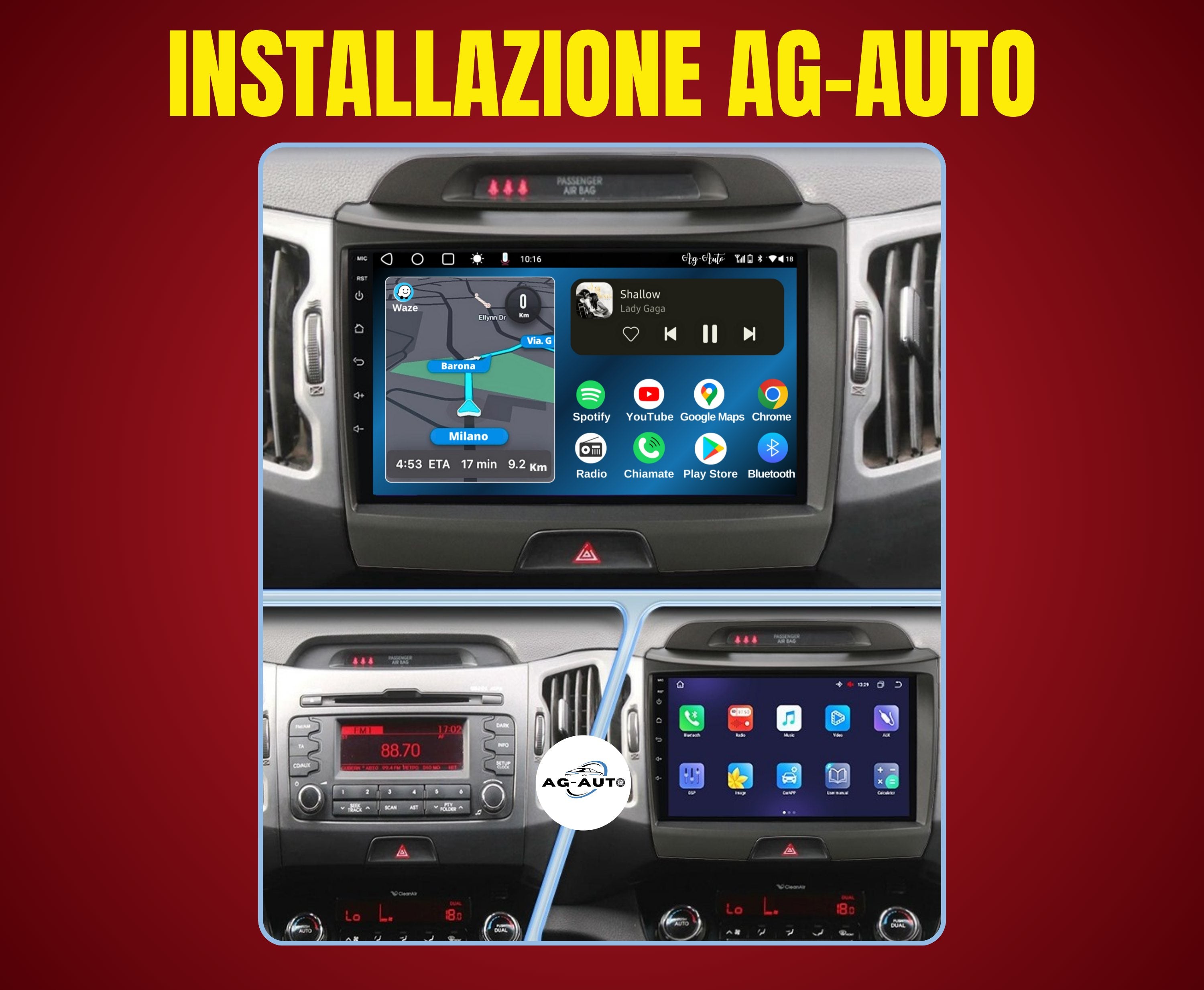 Kia Sportage 3 | 9 Pollici - Mascherina inclusa - Autoradio 2 Din Android auto + Carplay / Stereo Touch 2/64gb | Navigatore GPS + Bluetooth + Wifi