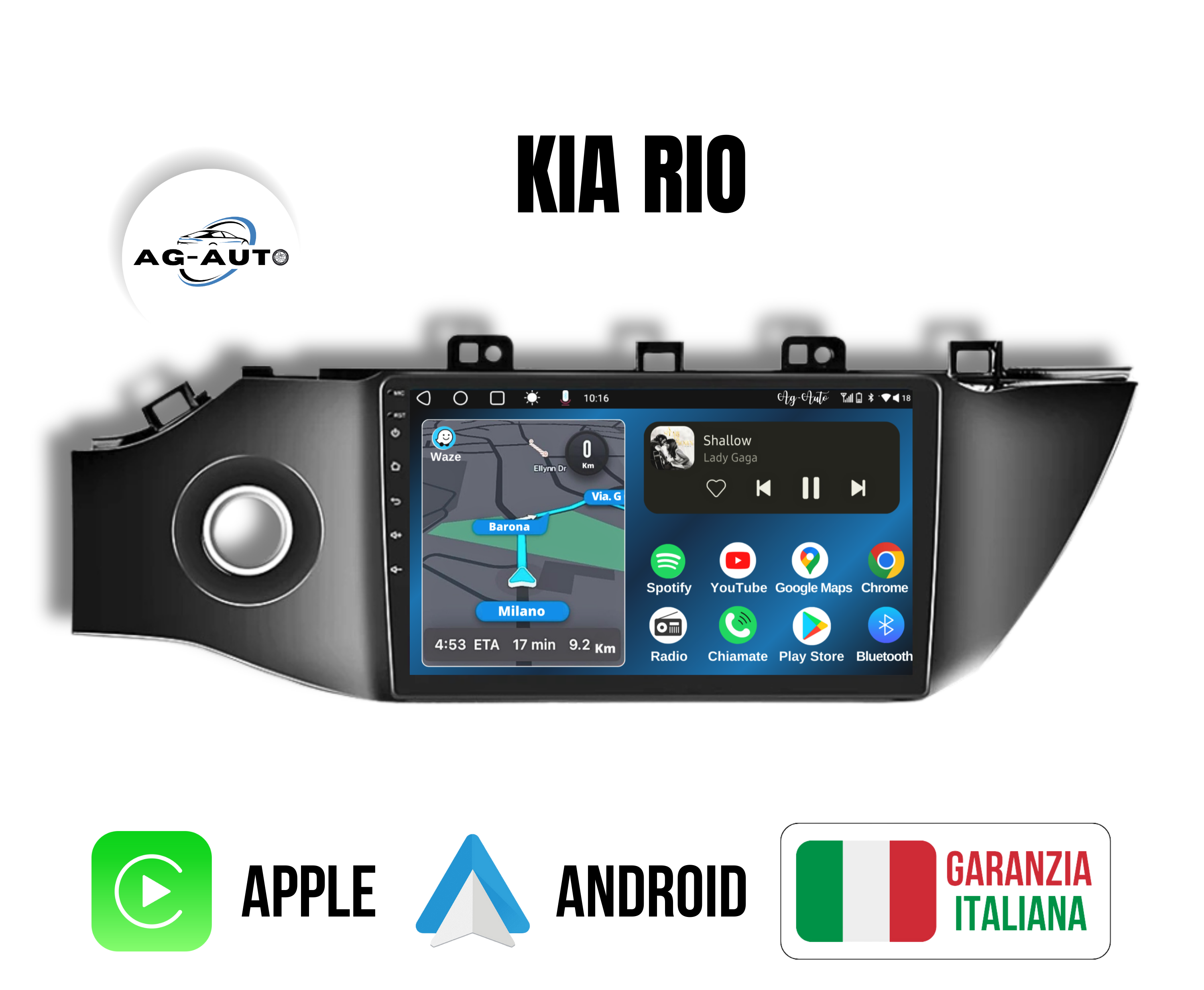 Kia Rio 4 | 9 Pollici - Mascherina inclusa - Autoradio 2 Din Android auto + Carplay | 2/32gb - Stereo Touch/ Navigatore Gps + Bluetooth + Wifi