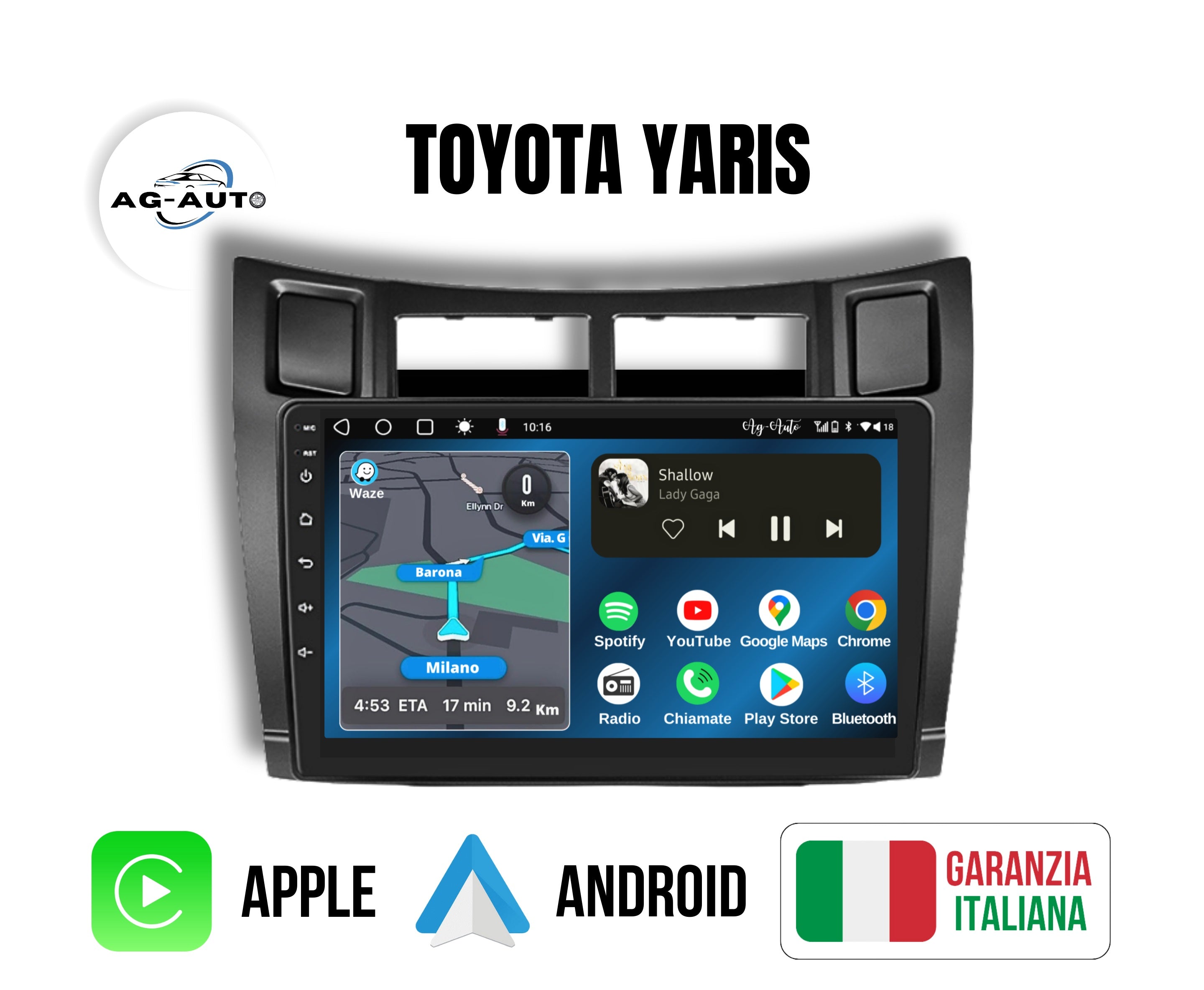 Toyota Yaris | 9 Pollici - Mascherina inclusa - Autoradio 2 Din Android auto + Carplay / Stereo Touch 2/64gb | Navigatore GPS + Bluetooth + Wifi