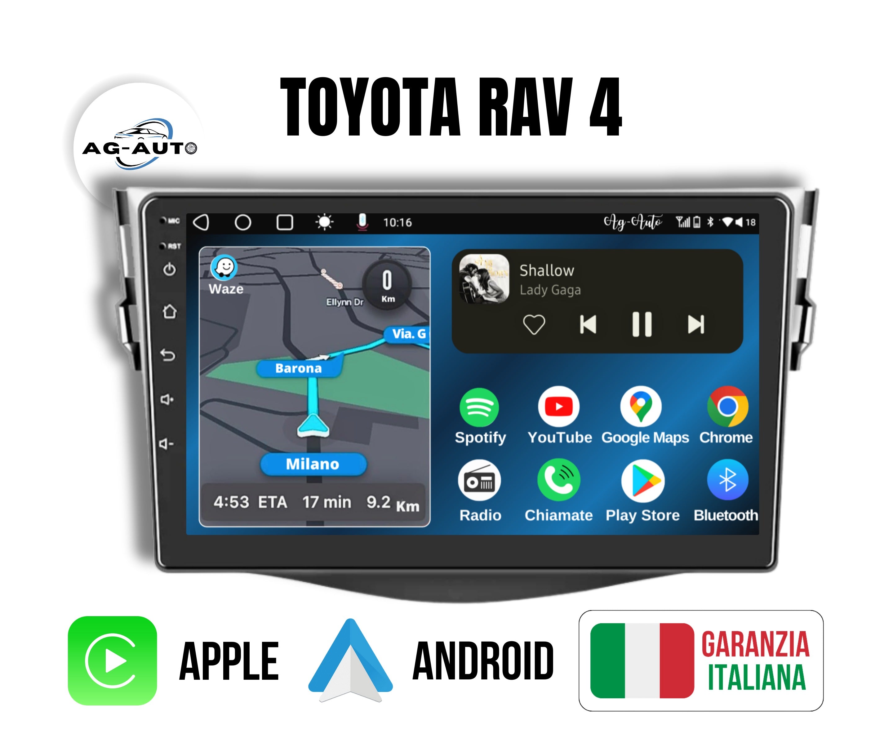 Toyota Rav 4 (2005/2013) | 9 Pollici - Mascherina inclusa - Autoradio 2 Din Android auto + Carplay / Stereo Touch 2/64gb | Navigatore GPS + Bluetooth + Wifi