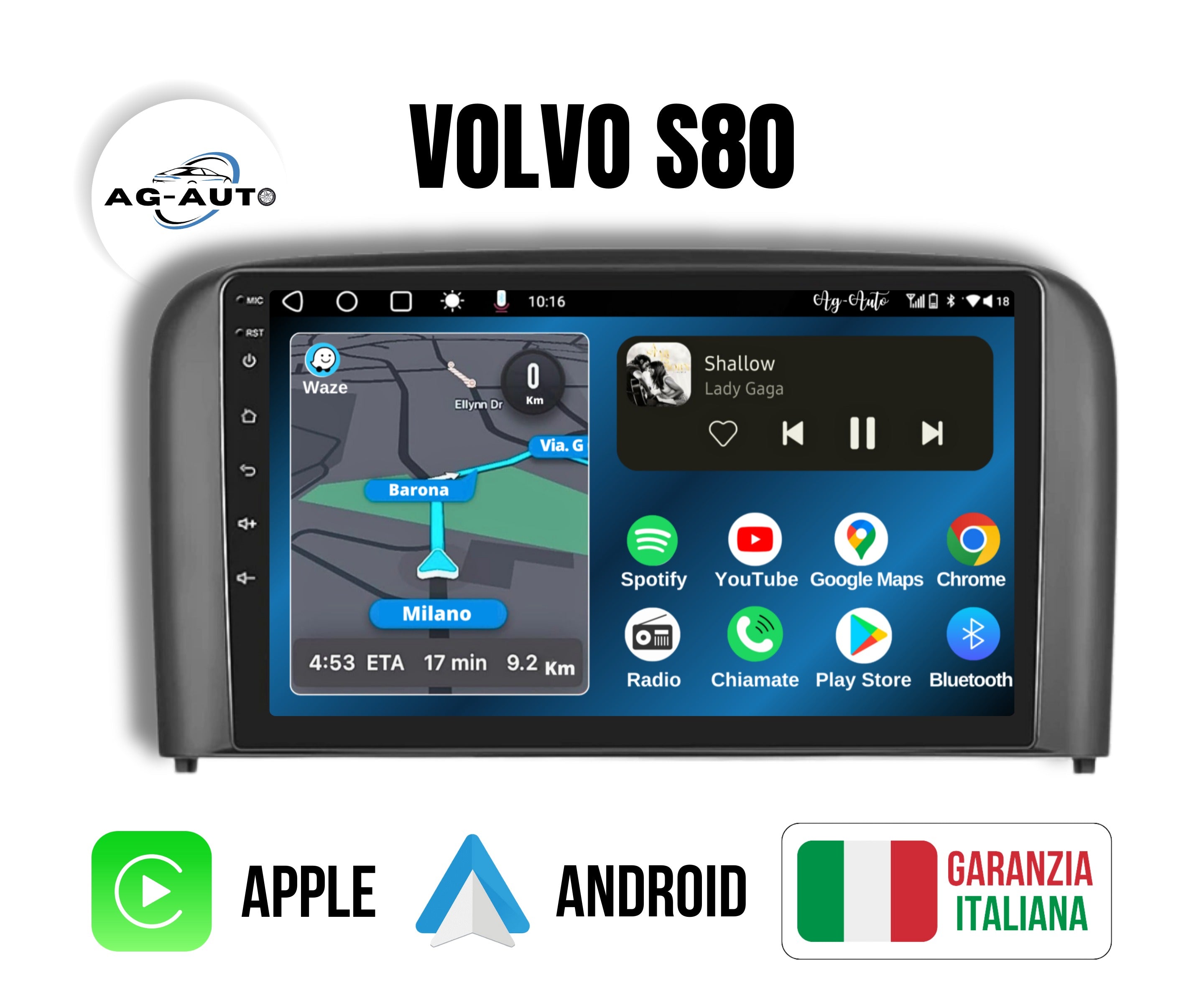 Volvo s80 | 9 pollici - Mascherina Inclusa Autoradio 2 Din Android auto + Carplay / Stereo Touch 2/64gb | Navigatore GPS + Bluetooth + Wifi