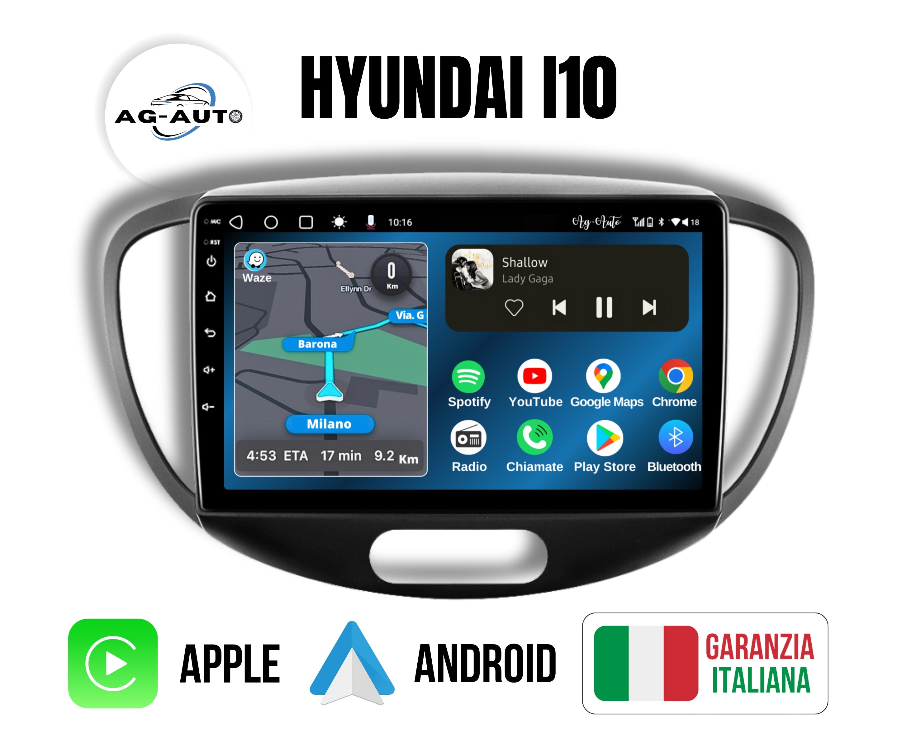 Hyundai i10 1 serie | 9 Pollici - Mascherina inclusa - Autoradio 2 Din Android auto + Carplay / Stereo Touch 2/64gb | Navigatore GPS + Bluetooth + Wifi