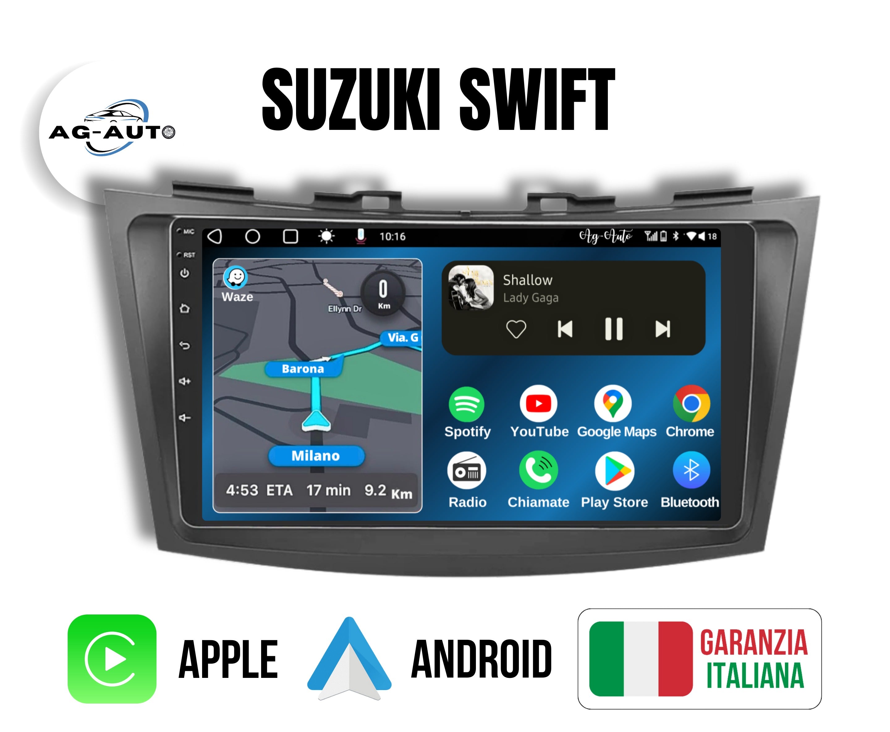 Suzuki Swift | 9 Pollici - Mascherina inclusa -Autoradio 2 Din Android auto + Carplay / Stereo Touch 2/64gb | Navigatore GPS + Bluetooth + Wifi