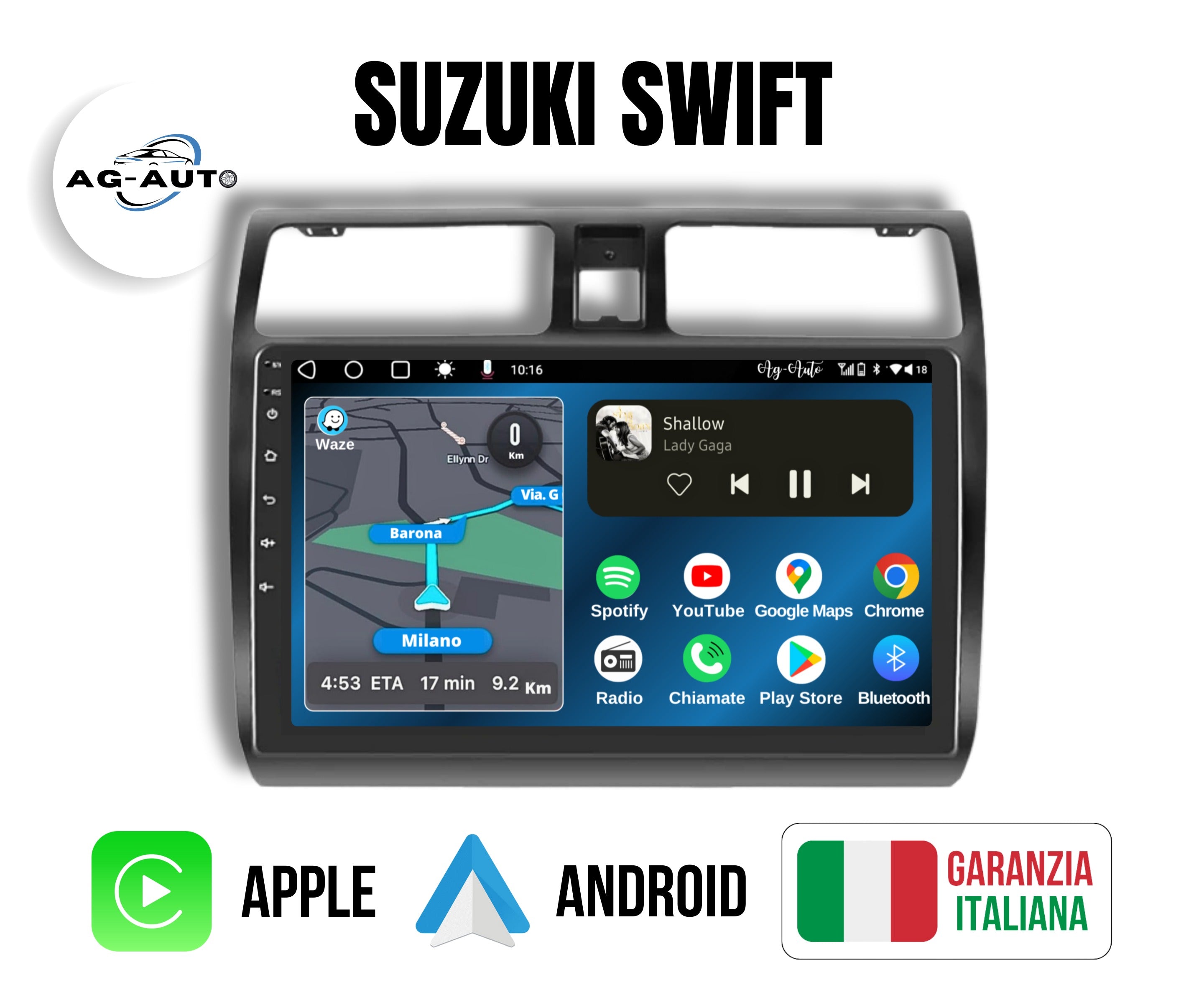 Suzuki Swift 4 | 9 Pollici - Mascherina inclusa - Autoradio 2 Din Android auto + Carplay / Stereo Touch 2/64gb | Navigatore GPS + Bluetooth + Wifi