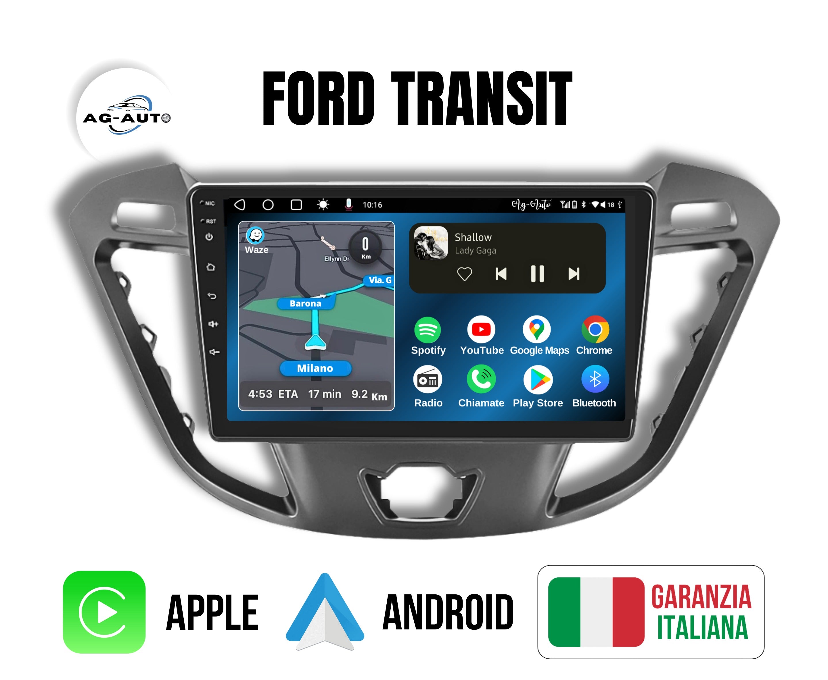 Ford Transit | 9 pollici - Mascherina Inclusa Autoradio 2 Din Android auto + Carplay / Stereo Touch 2/64gb  | Navigatore GPS + Bluetooth + Wifi