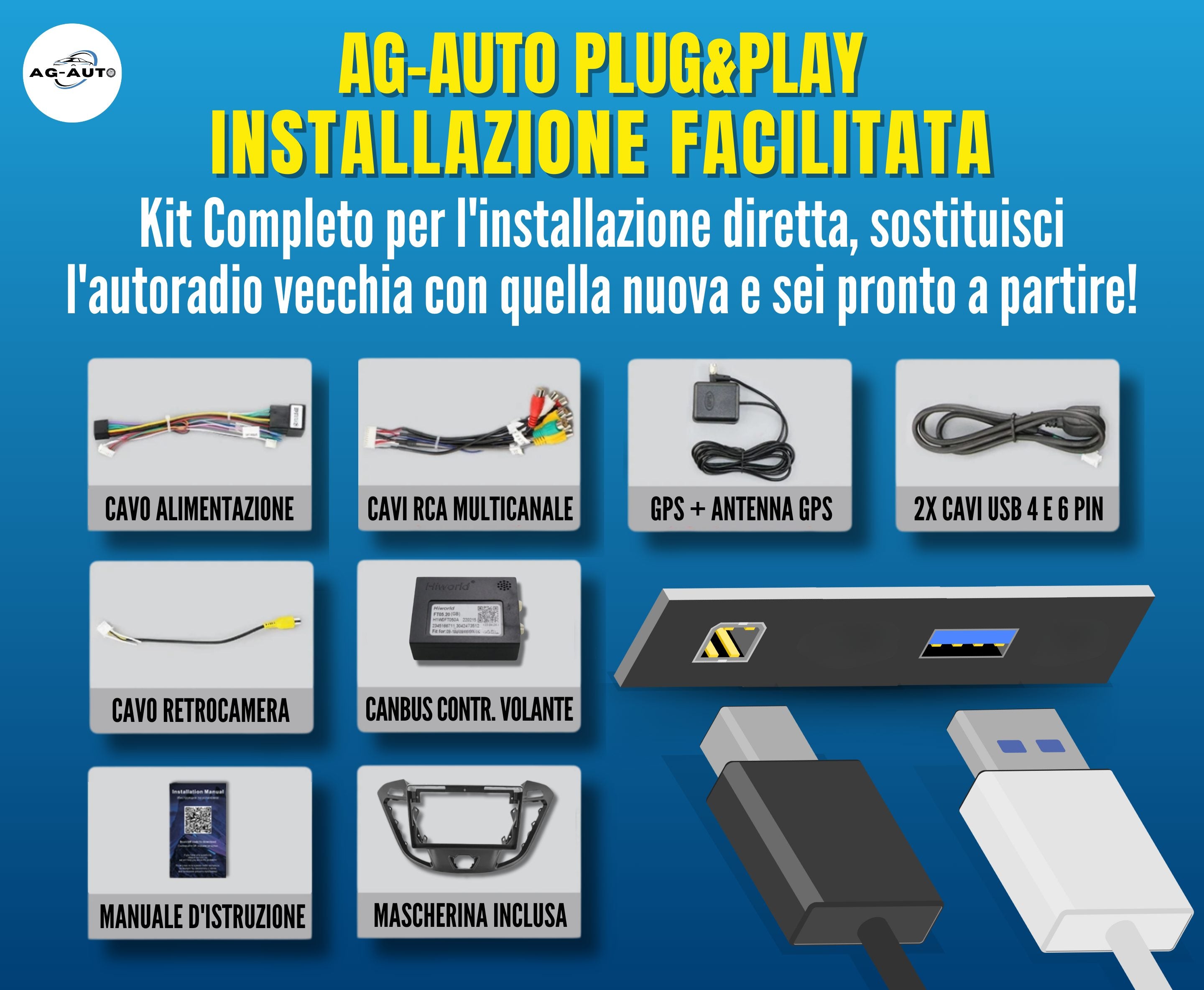 Ford Transit | 9 pollici - Mascherina Inclusa Autoradio 2 Din Android auto + Carplay / Stereo Touch 2/64gb  | Navigatore GPS + Bluetooth + Wifi