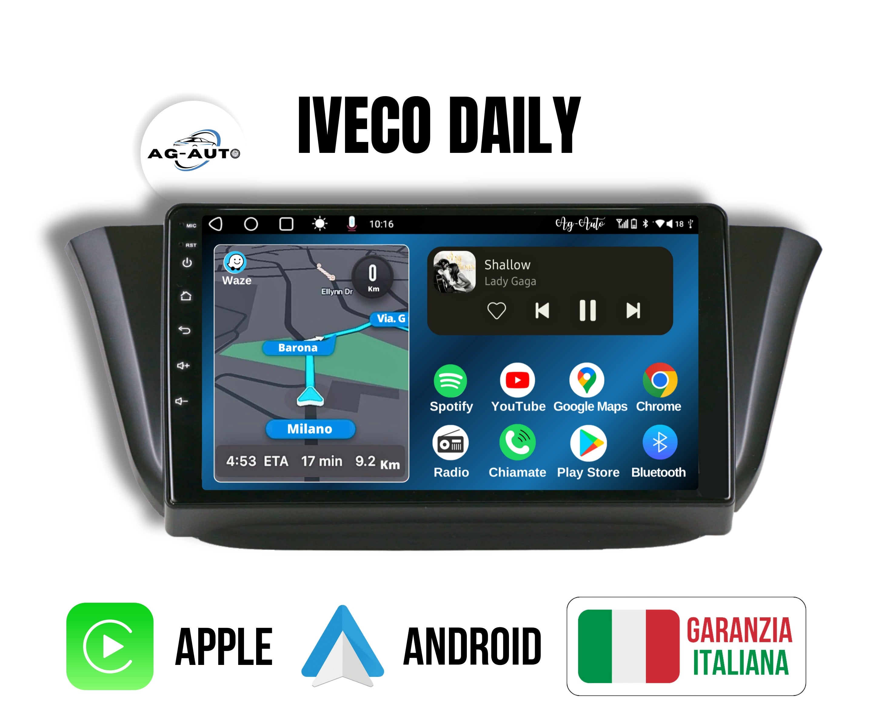 Iveco Daily | 9 pollici - Mascherina Inclusa -  Autoradio 2 Din Android auto + Carplay / Stereo Touch 2/64gb | Navigatore GPS + Bluetooth + Wifi