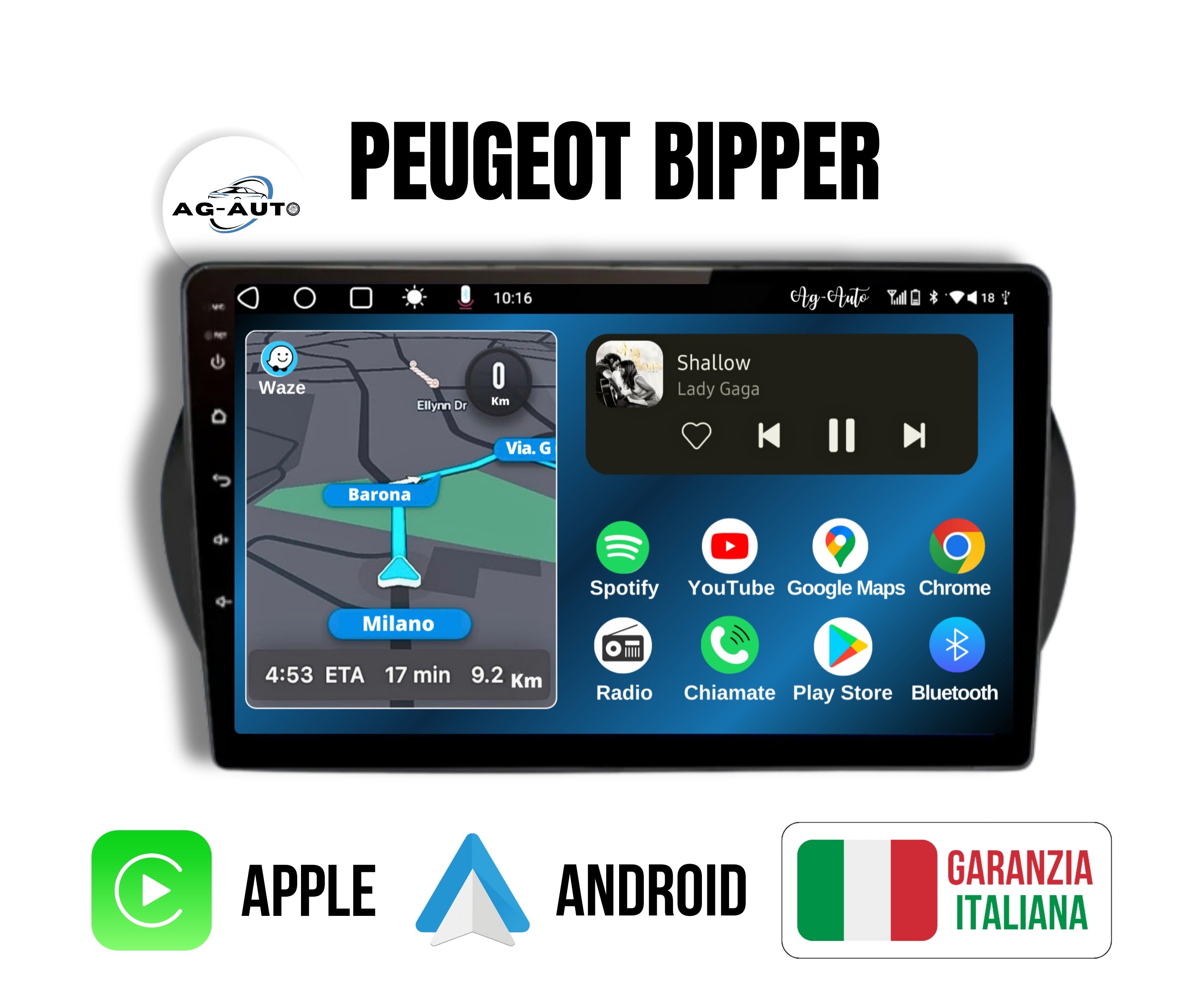 Peugeot Bipper | 9 pollici - Mascherina inclusa Autoradio 2 Din Android auto + Carplay Stereo Navigatore Touch / Car Tablet Gps + Bluetooth + Wifi