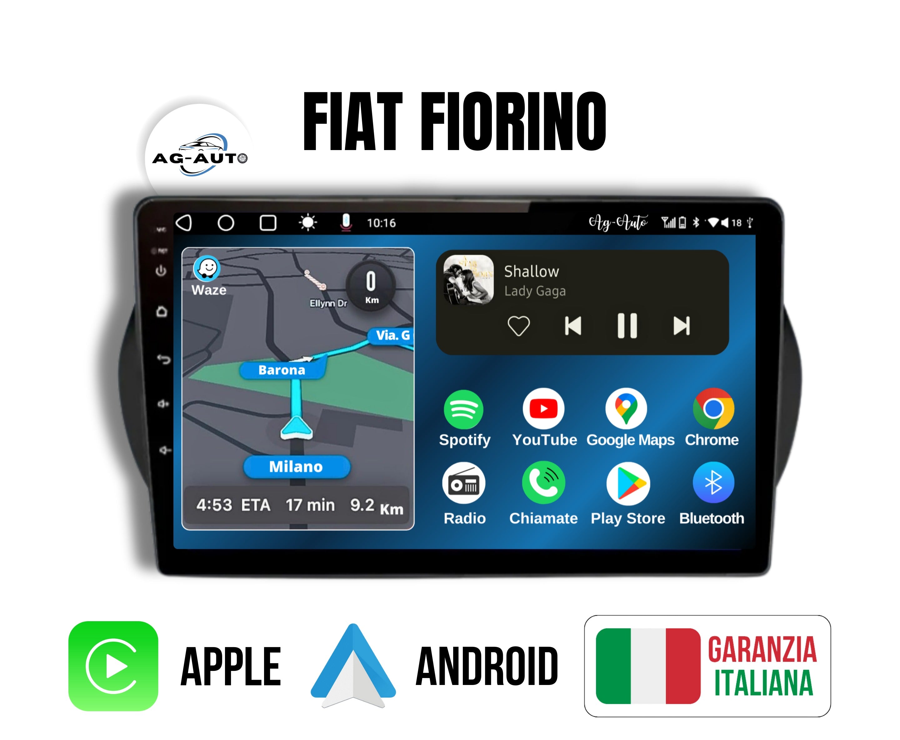 Fiat Fiorino - Qubo | 9 pollici | Mascherina Inclusa Autoradio 2 Din Android auto + Carplay / Stereo Touch | Navigatore GPS + Bluetooth + Wifi